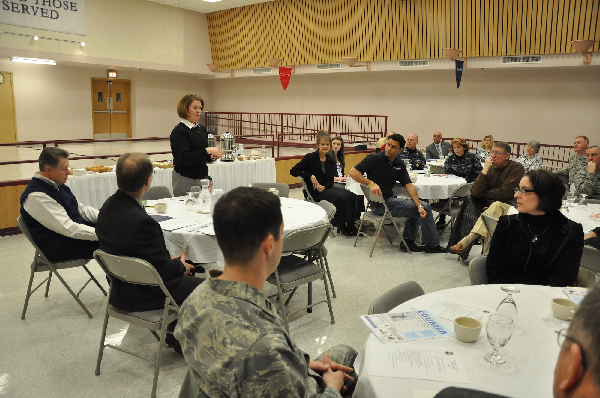 Leaders from around the base meet with community members at a breakfast
meeting at the Minnesota Veterans home Jan 28. Meetings take place on a
quarterly basis, giving the base and community leaders an opportunity to
stay in touch and keep each other updated on current events. (Air Force
Photo/Tech. Sgt. Bob Sommer)
