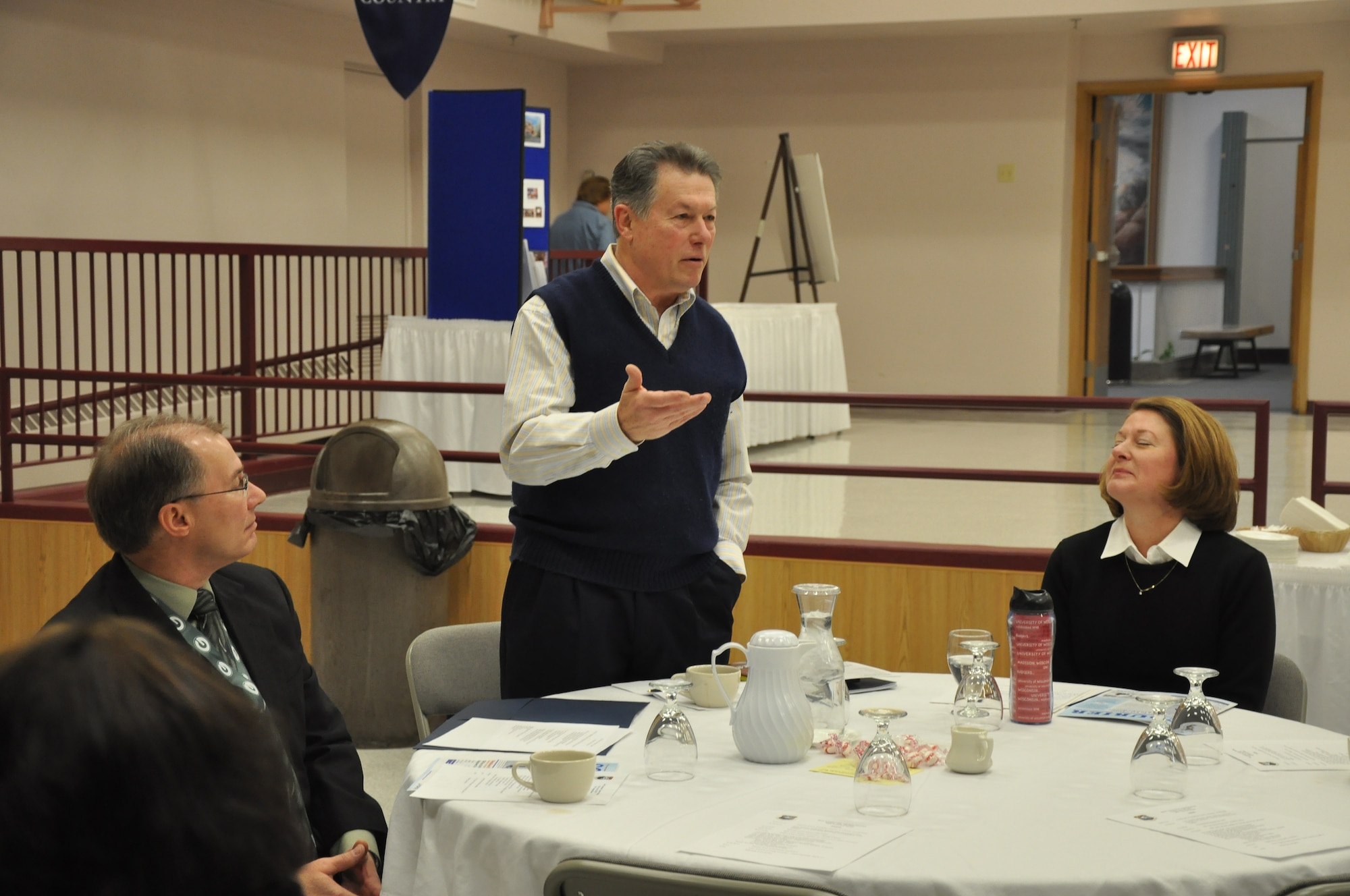 Leaders from around the base meet with community members at a breakfast
meeting at the Minnesota Veterans home Jan 28. Meetings take place on a
quarterly basis, giving the base and community leaders an opportunity to
stay in touch and keep each other updated on current events. (Air Force
Photo/Tech. Sgt. Bob Sommer)
