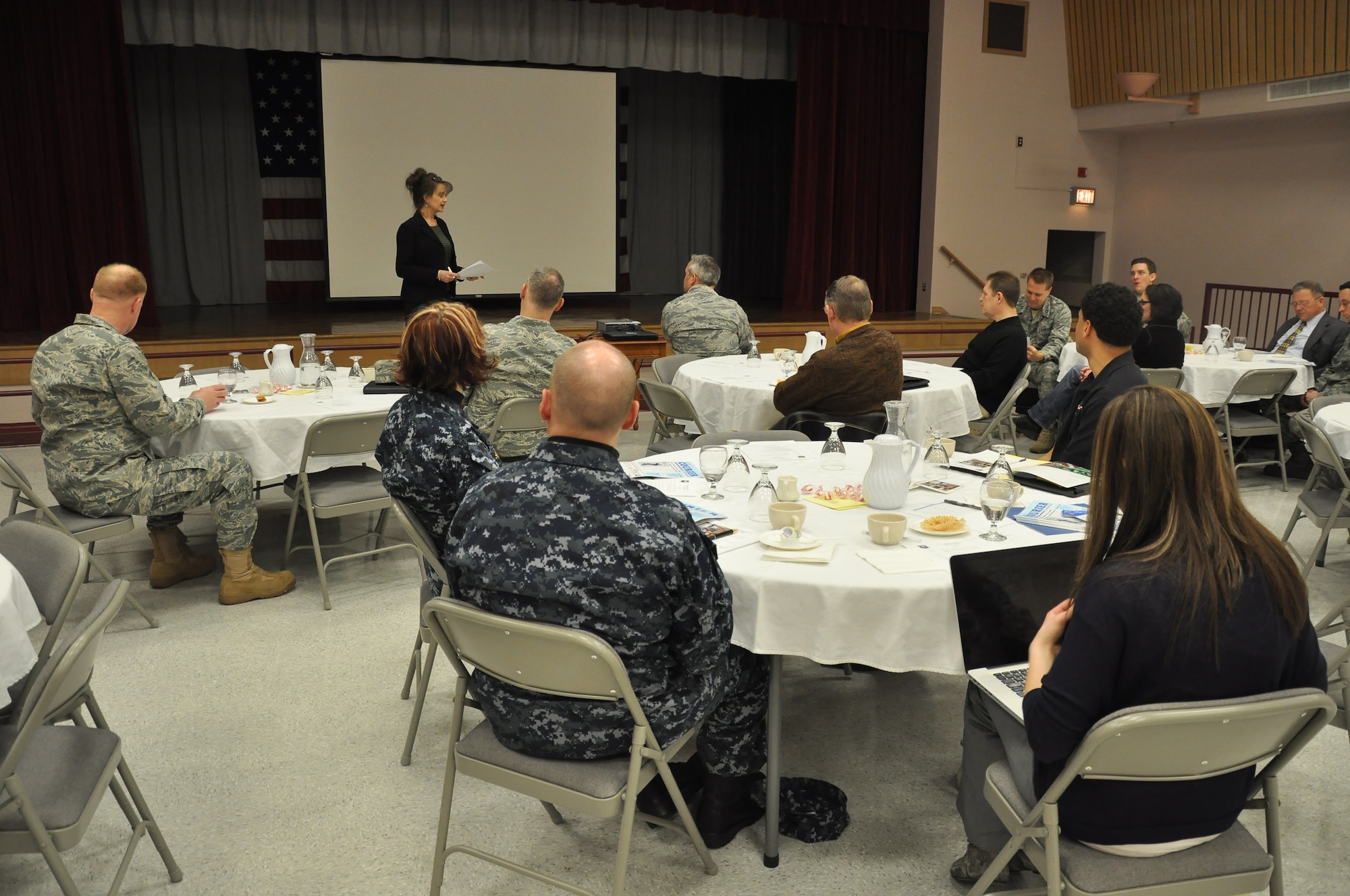 Leaders from around the base meet with community members at a breakfast
meeting at the Minnesota Veterans home Jan 28. Meetings take place on a
quarterly basis, giving the base and community leaders an opportunity to
stay in touch and keep each other updated on current events. (Air Force
Photo/Tech. Sgt. Bob Sommer)

