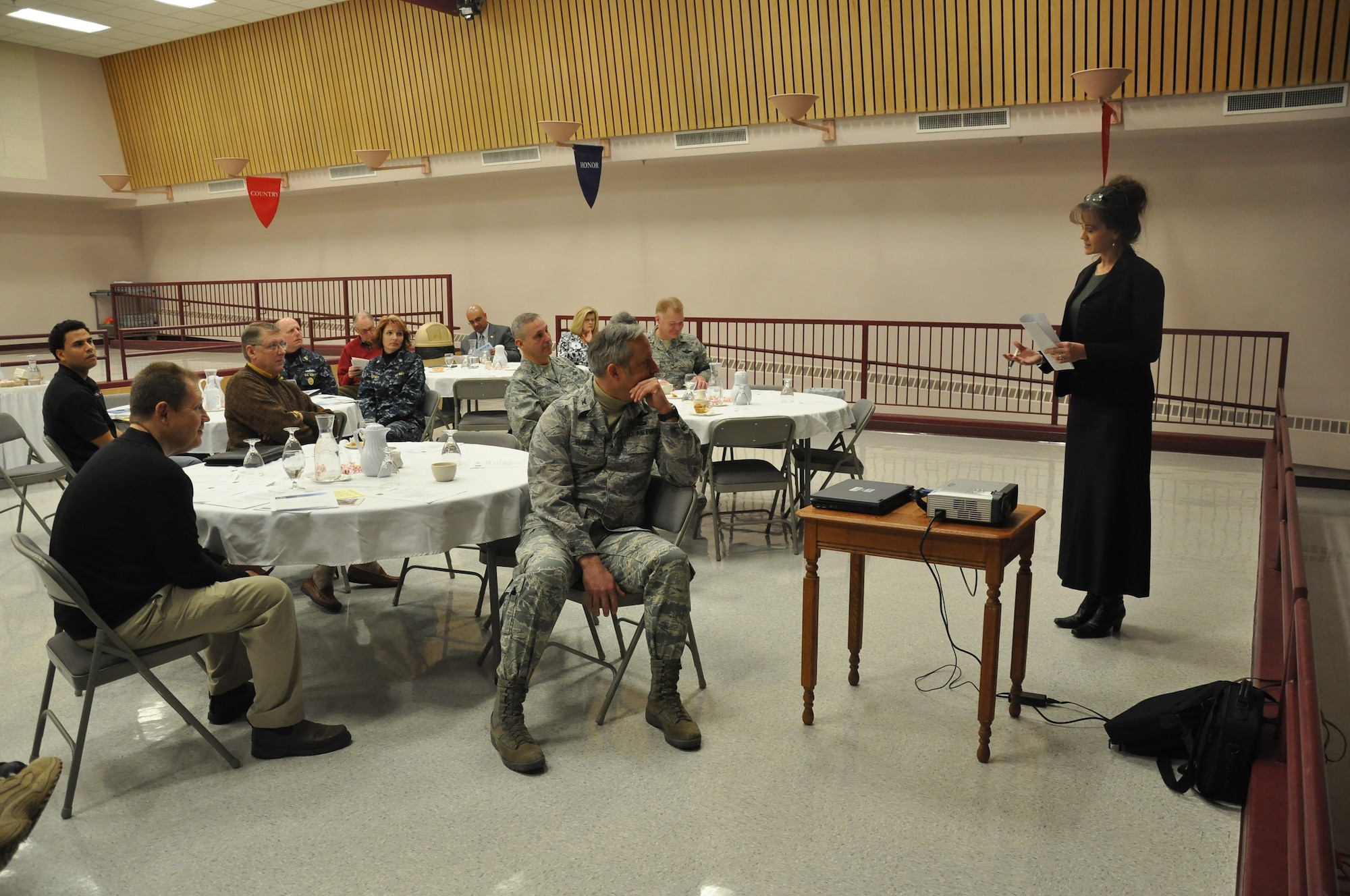 Leaders from around the base meet with community members at a breakfast
meeting at the Minnesota Veterans home Jan 28. Meetings take place on a
quarterly basis, giving the base and community leaders an opportunity to
stay in touch and keep each other updated on current events. (Air Force
Photo/Tech. Sgt. Bob Sommer)
