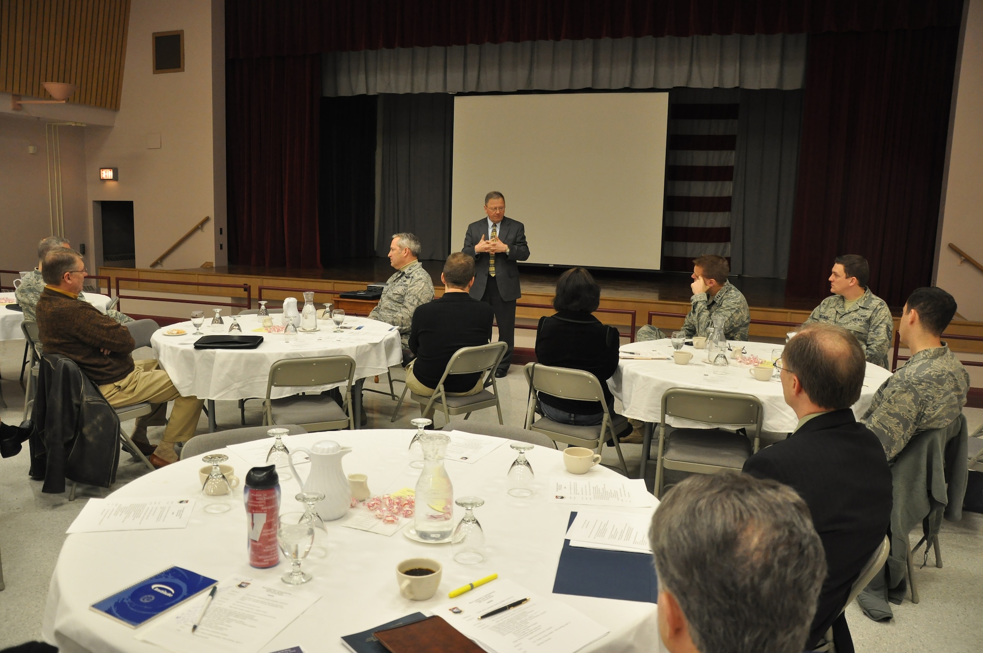 Leaders from around the base meet with community members at a breakfast
meeting at the Minnesota Veterans home Jan 28. Meetings take place on a
quarterly basis, giving the base and community leaders an opportunity to
stay in touch and keep each other updated on current events. (Air Force
Photo/Tech. Sgt. Bob Sommer)
