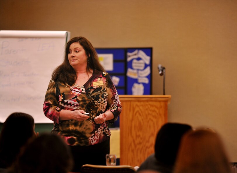 MOODY AIR FORCE BASE, Ga. -- Valerie Patterson, Specialized Training of Military Parents (STOMP) representative and parent education coordinator, speaks to Air Force personnel and spouses about outlets they can use for special needs services, Jan. 27. Because Mrs. Patterson has 4 special needs children, she can relate to the spouses and Air Force members about what they’re going through. (U.S. Air Force photo/Airman 1st Class Joshua Green)