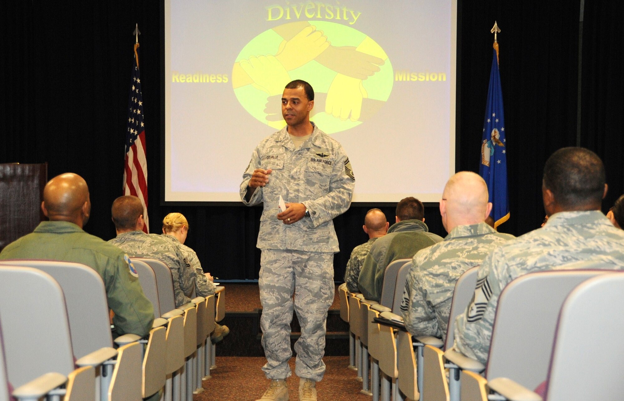 Senior Master Sgt. Troy Coville, 6th Air Lift Squadron superintendent, speaks about diversity during the first Joint Base McGuire-Dix-Lakehurst Club 56 meeting Jan. 20 at the First Term Airmen’s Center here. The meeting included Air Force, Army and Navy non commissioned-officers coming together for the first time to combine three E-5 and E-6 clubs into one. (U.S. Air Force photo/Airman 1st Class Dennis Sloan)