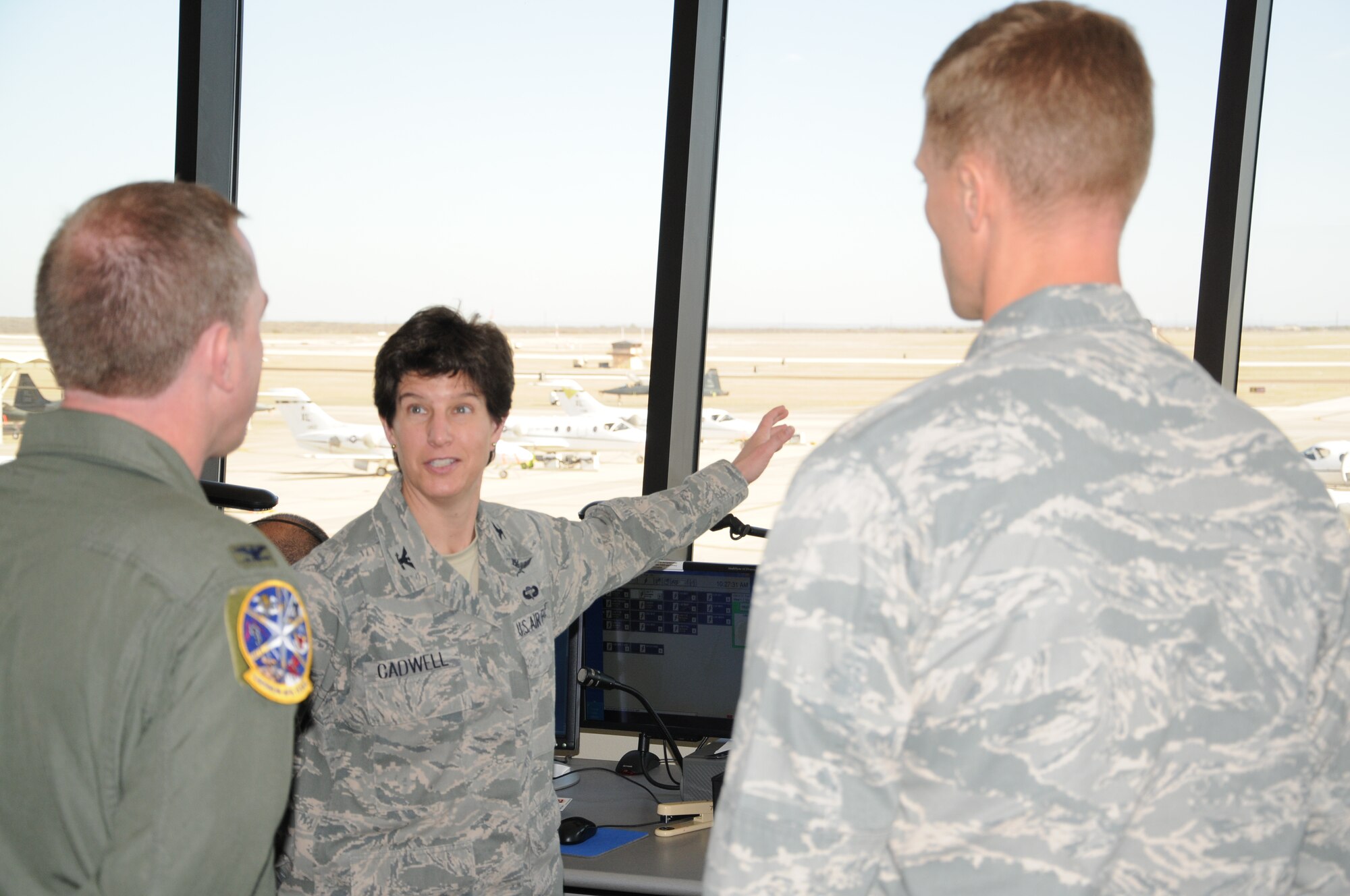 LAUGHLIN AIR FORCE BASE, Texas – Colonel Angela Cadwell, 47th Mission Support Group commander, and Lt. Col. Dee Katzer, 47th Civil Engineering Squadron commander, brief Col. Michael Frankel 47th Flying Training Wing commander, on some of the projects the 47th CES is planning for the continued improvement of Laughlin. (U.S. Air Force photo by Airman 1st Class Blake Mize)