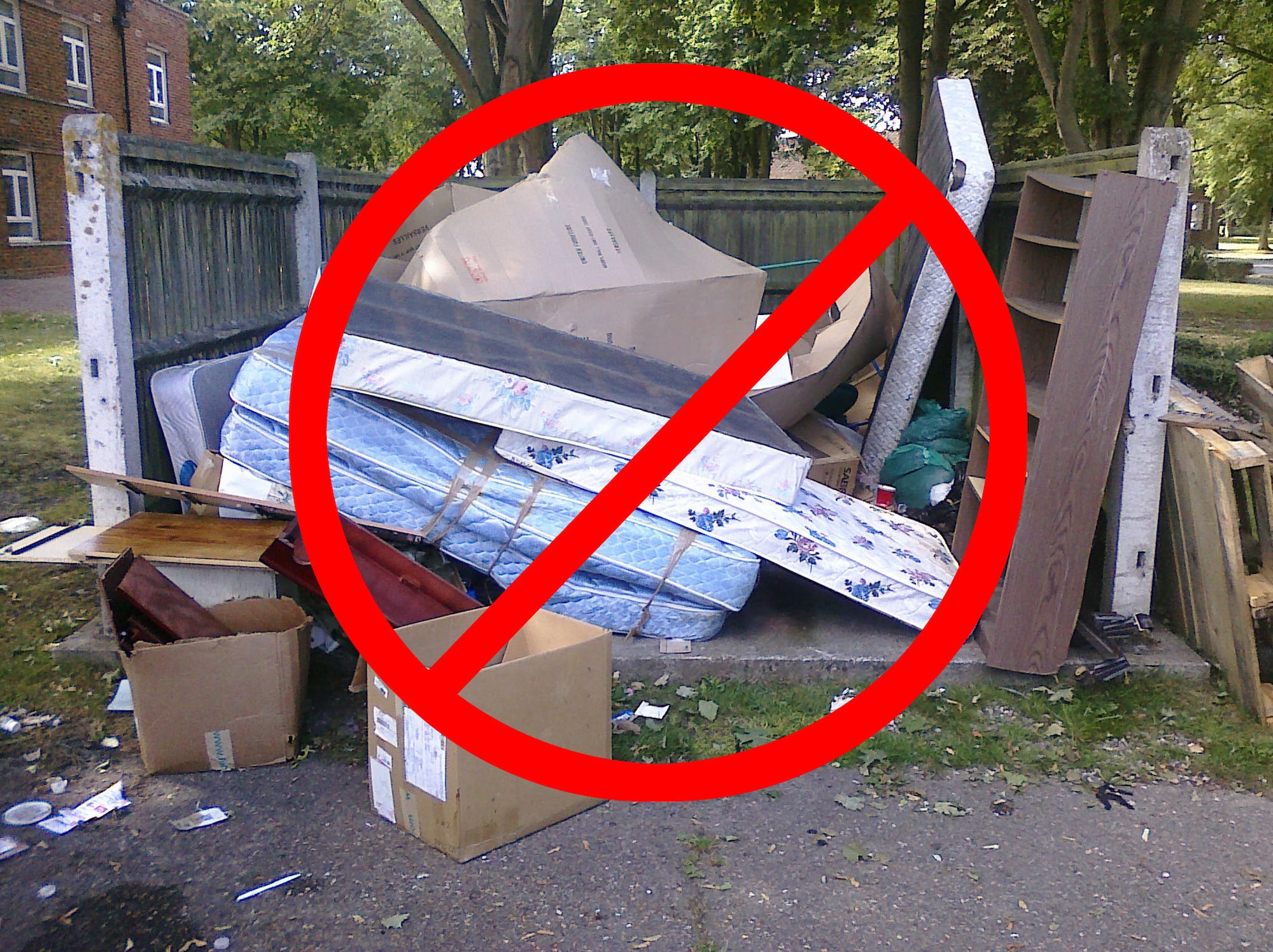 ROYAL AIR FORCE FELTWELL, England -- Dumping household items, such as mattresses, furniture, or unwanted electronics, is prohibited on Department of Defense installations and increases costs for garbage removal. Such items must be taken to a household waste collection point, such as those at Elveden or Thetford, for proper disposal. (Photo illustration by Senior Airman David Dobrydney)