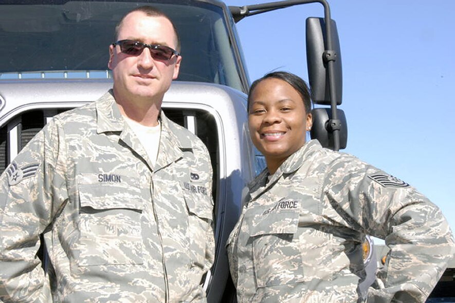 NELLIS AIR FORCE BASE, Nev. – Senior Airman Kirk Simon and Tech. Sgt. Donielle Myles, 442nd Logistics Readiness Squadron transportation technicians, hauled support equipment approximately 1,515 miles from Whiteman Air Force Base, Mo. to Nellis AFB, Nev. for Red Flag, an aerial combat competition the 442nd Fighter Wing A-10 Thunderbolt II pilots compete in through Feb. 4, 2011. The 442nd Fighter Wing is an Air Force Reserve unit at Whiteman Air Force Base, Mo. (U.S. Air Force photo/Senior Airman Tracy Brown)