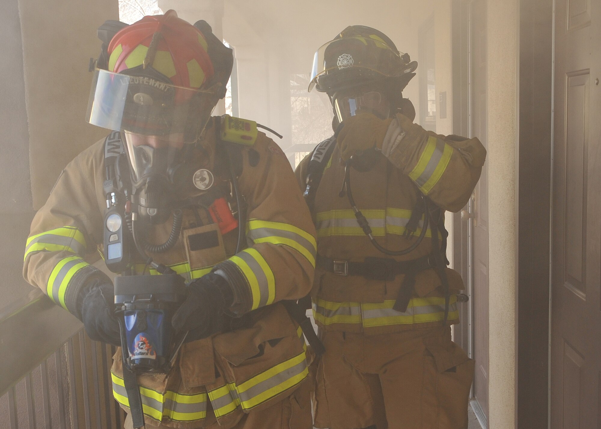 Kirtland Air Force Base firefighters review their thermal imagers in a smoked-filled mezzanine during an operational readiness exercise Jan. 25 at Building 20352.    
Team Kirtland participated in an exercise Jan. 24 to 28 in preparation for the Operational Readiness Inspection in March.
The exercise included various elements to prepare units for the upcoming ORI.
U.S. Air Force Photo by Todd Berenger
