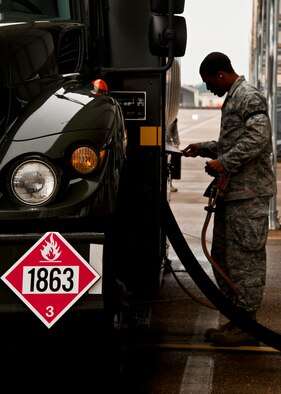 Senior Airman Dion Baynard, 96th Logistics Readiness Squadron, looks at his checklist as he pumps JP-8 into an F-16 after a 33rd Fighter Wing sortie Jan. 25.  F-16s from Luke Air Force Base, Ariz., are being used by the wing to fly local area orientation sorties and develop a “battle rhythm leading up to the arrival of the first F-35 Joint Strike Fighter.  96th LRS supplies fuel to all of the aircraft on Eglin  (U.S. Air Force photo/Samuel King Jr.)