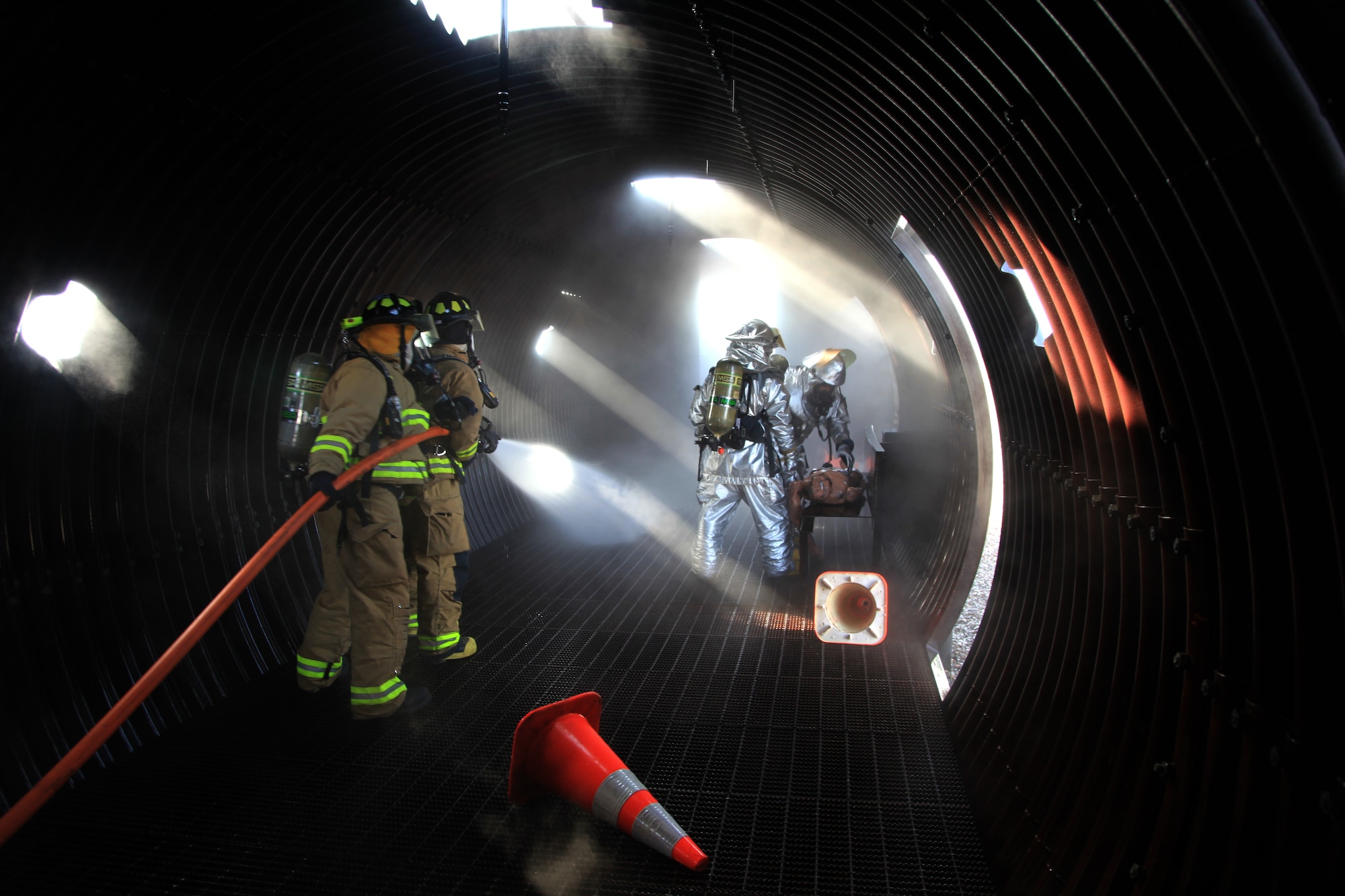 377th Air Base Wing fire department crews respond to an Operational Readiness Exercise aircraft fire Jan. 25 at the aircraft fire pit on the south side of the runway.  
Team Kirtland participated in an exercise Jan. 24 to 28 in preparation for the Operational Readiness Inspection in March.
The exercise included various elements to prepare units for the upcoming ORI.
U.S. Air Force Photo by Edward C. Harrison