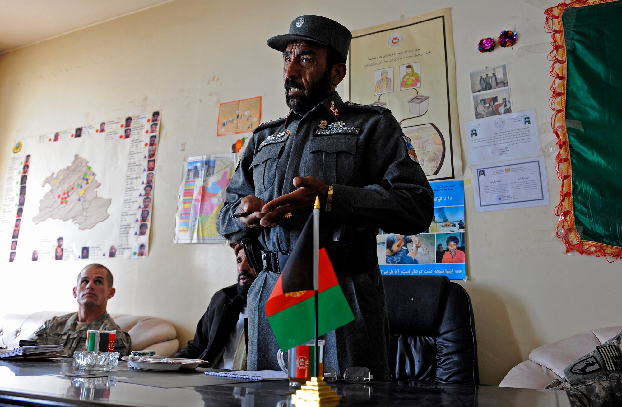 Zabul Deputy Gov. Police Chief Col. Jalani Khan speaks to elders from the district of Shah Joy during a shura at the Shah Joy District Center, Zabul province, Afghanistan, Jan. 26. District and provincial leaders were on hand at the shura to discuss and request support for the new Afghan Local Police program. (USAF photo by SSgt Brian Ferguson / RELEASED)