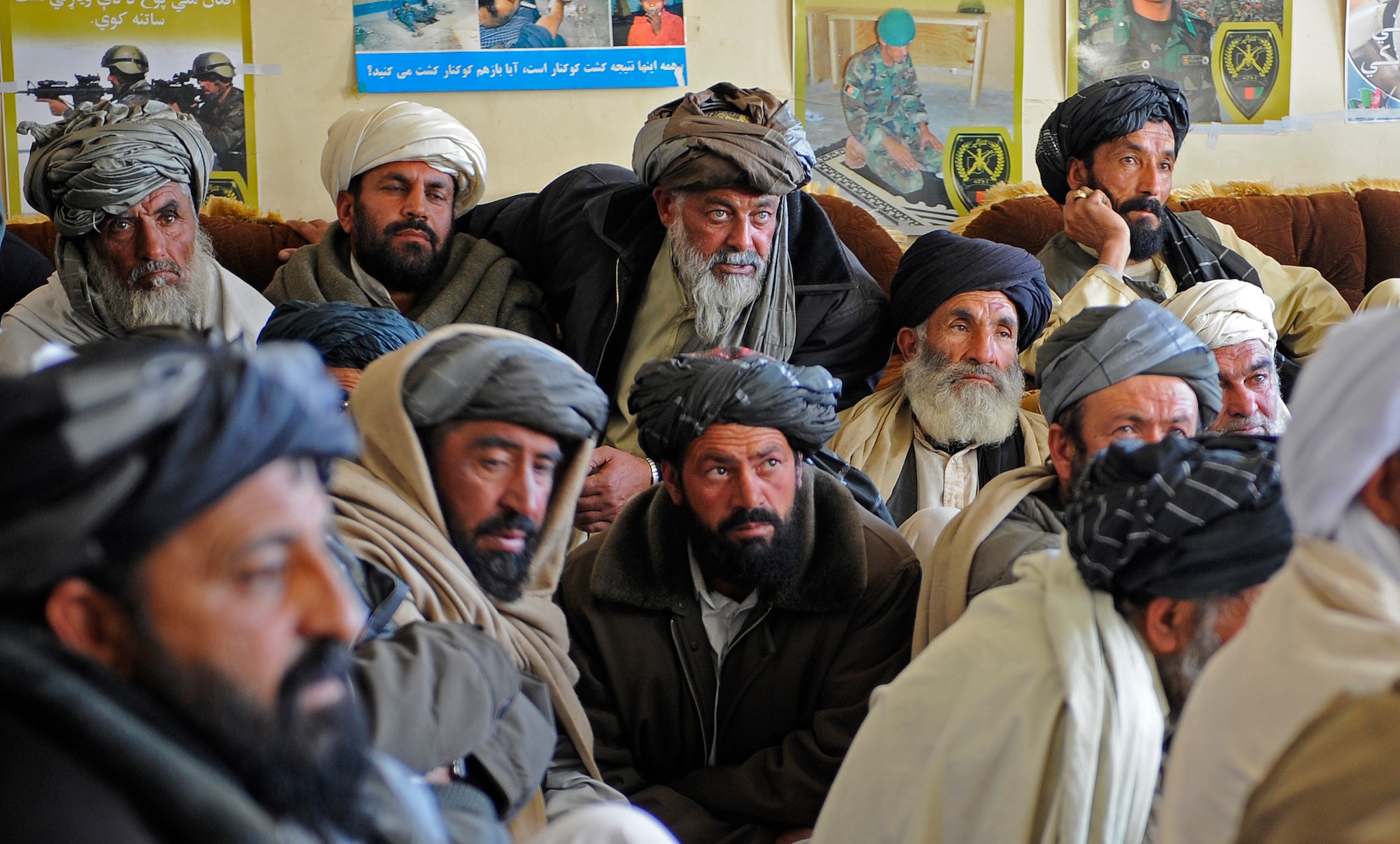 Elders from the district of Shah Joy listen as Zabul Deputy Gov. Gulab Shah speaks during a shura at the Shah Joy District Center, Zabul province, Afghanistan, Jan. 26. District and provincial leaders were on hand at the shura to discuss and request support for the new Afghan Local Police program. (USAF photo by SSgt Brian Ferguson / RELEASED)