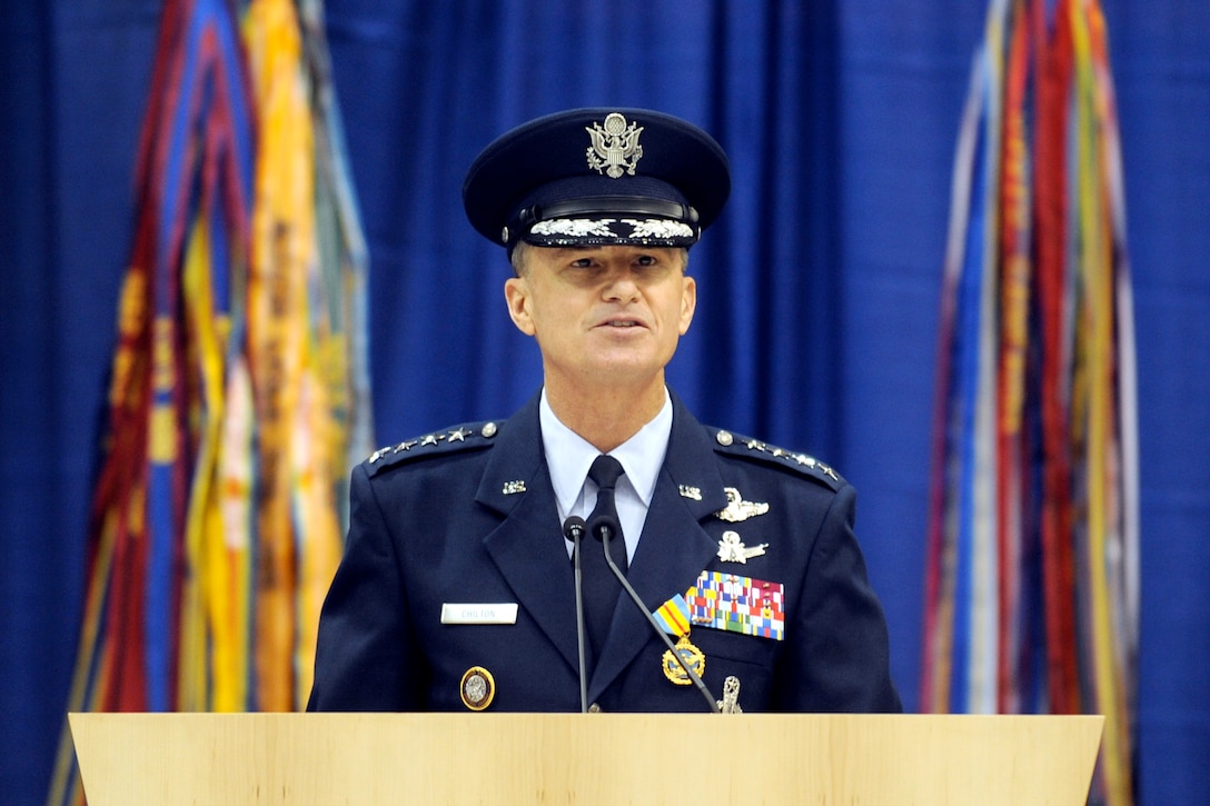 Air Force Gen. Kevin P. Chilton, outgoing commander, U.S. Strategic Command, addresses the audience following his retirement ceremony during the U.S. Strategic Command change-of-command ceremony between Chilton and Air Force Gen. C. Robert Kehler, incomging commander, on Offutt Air Force Base, Neb., Jan. 28, 2011.