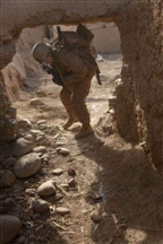 U.S. Marine Corps 1st Lt. Daniel Barbeau walks through a hole in a wall during a census patrol in the Sangin district of Helmand province, Afghanistan, on Jan. 17, 2011.  Barbeau is assigned to Lima Company, 3rd Battalion, 5th Marine Regiment, Regimental Combat Team 2.  