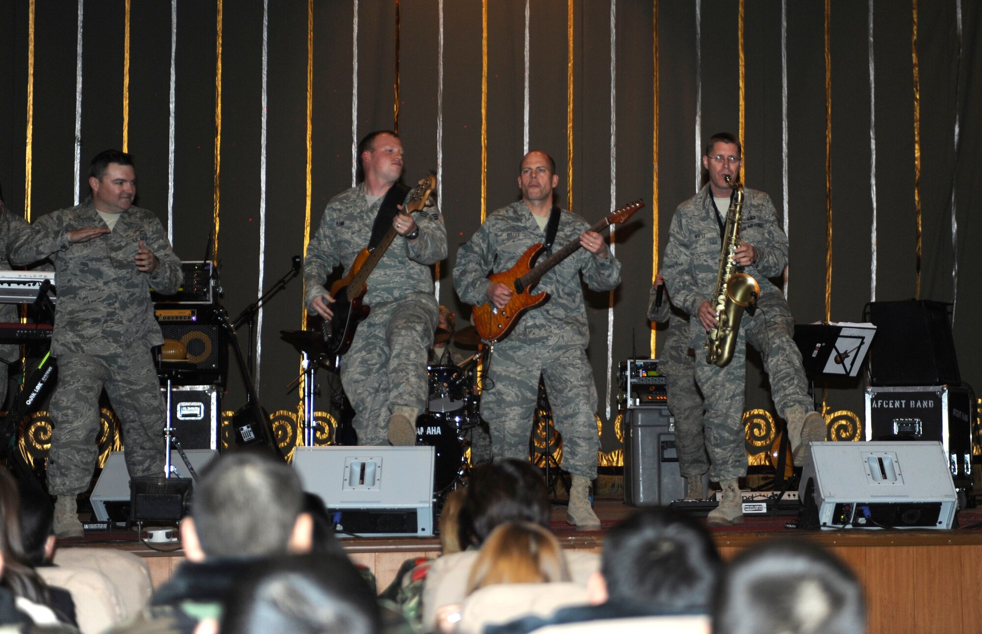 BISHKEK, Kyrgyzstan -- U.S. Air Forces Central "Starlifter" band musicians show their skills during a performance in Frunze--a  Kyrgyz military academy--in Biskek, Thursday.  The Starlifter band performed a wide variety of music for the Kyrgyz military community to enjoy. (U.S. Air Force photo/ Tech. Sgt. Jerome C. Baysmore) 
