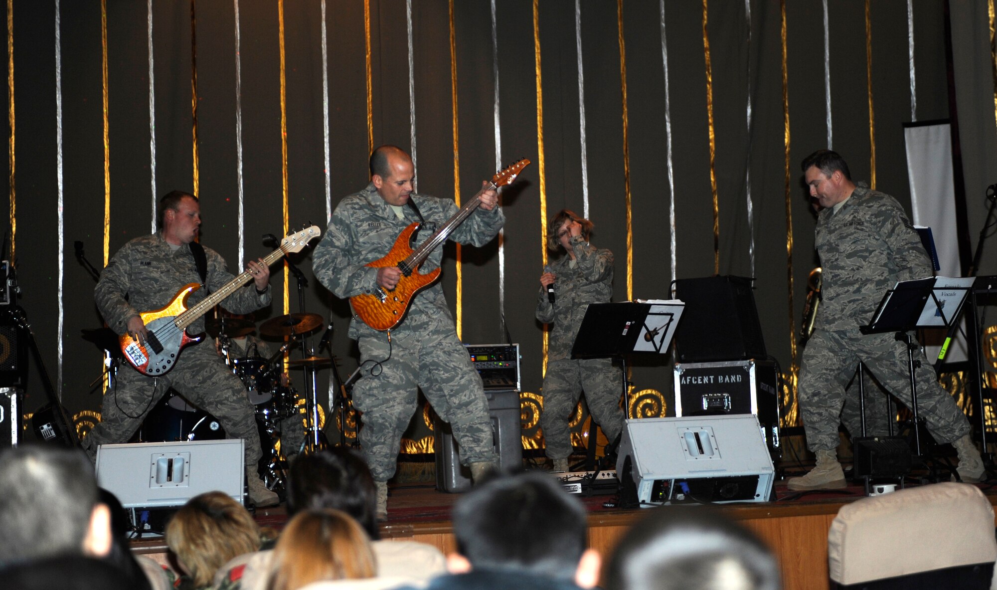 BISHKEK, Kyrgyzstan -- U.S. Air Forces Central "Starlifter" band musicians show their skills during a performance in Frunze--a  Kyrgyz military academy--in Biskek, Thursday.  The Starlifter band performed a wide variety of music for the Kyrgyz military community to enjoy. (U.S. Air Force photo/ Tech. Sgt. Jerome C. Baysmore) 
