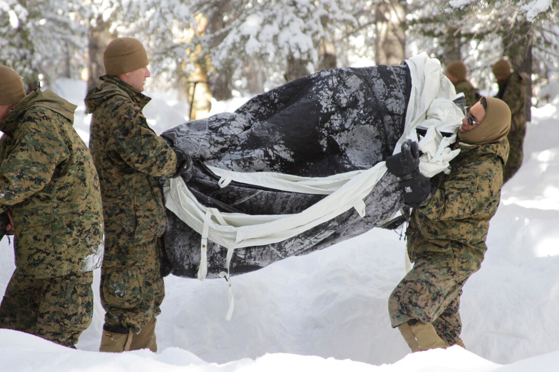 Two corpsmen with Headquarters and Service Company, 2nd Battalion, 4th Marine Regiment, perform a “pull pole,” an exercise where the company takes down their tent sites in a quick and efficient manner, Jan. 31, 2011, at the Marine Corps Mountain Warfare Training Center, Bridgeport, Calif.