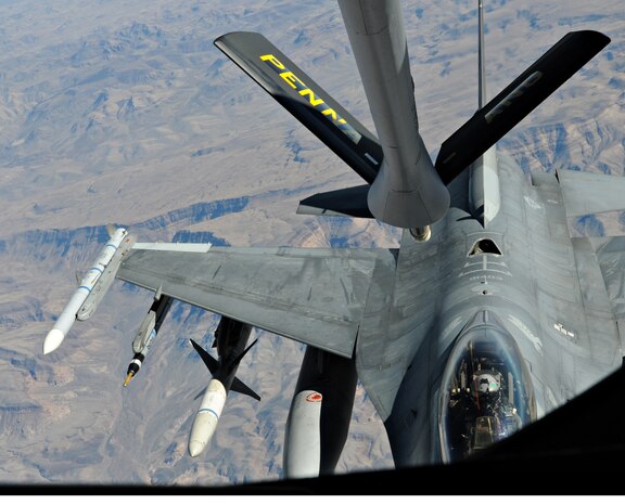 NELLIS AIR FORCE BASE, Nev. -- An F-16 Fighting Falcon prepares to receive fuel from a KC-135 Stratotanker during Red Flag 11-2 Jan. 27. Red Flag is a combined exercise that provides a realistic combat training environment to the U.S. and its allies. (U.S. Air Force photo/Staff Sgt. Benjamin Wilson)