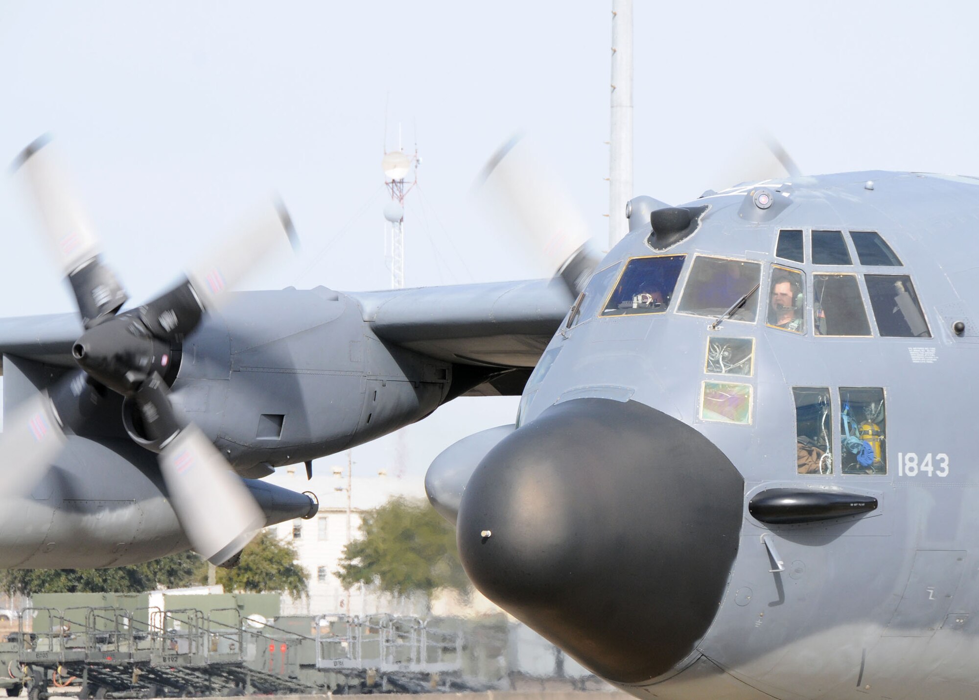Maj John Stone, a 711th Special Operations Squadron pilot, taxis his MC-130E aircraft to a parking spot on the Duke Field flightline Jan. 28.   The 919th Special Operations Wing’s aircraft returned home after being temporarily stationed at nearby Eglin Air Force Base, Fla., during an eight-month airfield construction project.  (U.S. Air Force photo/Staff Sgt. Jonathan McCallum)