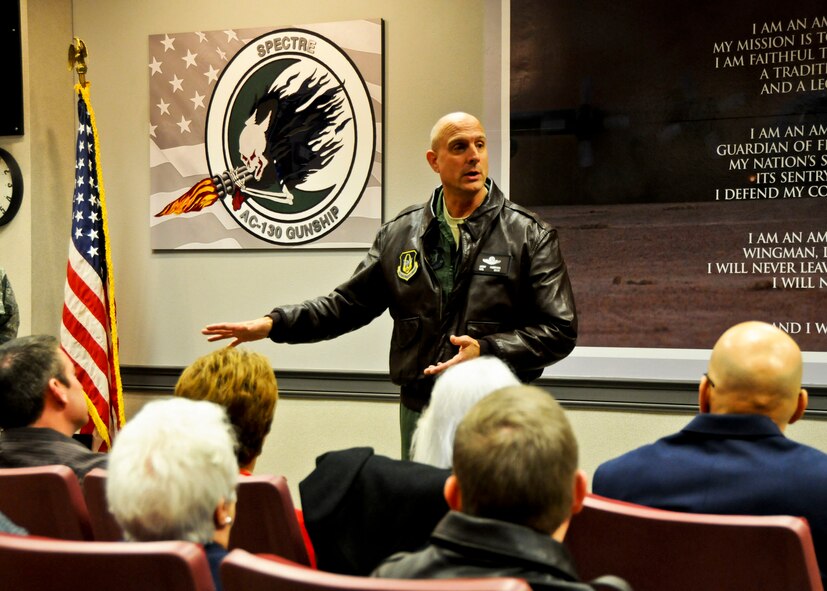 Colonel Andy Comtois, 919th Special Operations Wing commander, makes remarks during the wing’s recent honorary commander induction ceremony at Duke Field.  Six local civic leaders were formally inducted as honorary commanders in a one-year program aimed at increasing their understanding and support for the wing’s Air Force reserve mission in national defense. (U.S. Air Force photo/Tech. Sgt. Samuel King Jr.)  