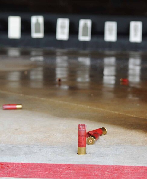 The 2nd Security Forces Squadron combat arms instructors re-qualify for the M870 Shotgun at Barksdale Air Force Base, La., Jan. 31. Each instructor stands 25 meters away from the target, the maximum effective range for the shotgun is 68 meters. Each shotgun can hold up to seven rounds and in each round there are nine pellets. An Airman needs 25 hits on the target to qualify on the weapon. (U.S. Air Force photo/Senior Airman Alexandra M. Boutte) (RELEASED)