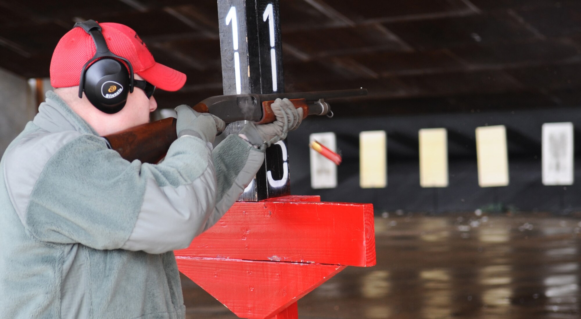 Staff Sgt. Kevin Hillman, 2nd Security Forces Squadron combat arms instructor, qualifies for the M870 Shotgun at Barksdale Air Force Base, La., Jan. 31. Each instructor performs an annual qualifying course for the shotgun. Shotgun qualification is performed at 25 meters with a  maximum effective range of 68 meters. (U.S. Air Force photo/Senior Airman Alexandra M. Boutte) (RELEASED)