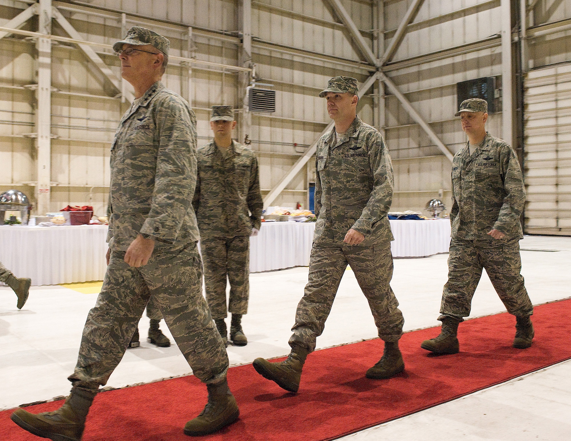 Lt. Gen. Robert Allardice (left), 18th Air Force commander,  Col. Manson Morris and Col. Mark Camerer arrive at the 436th Airlift Wing change of command ceremony Jan. 27, 2011. (U.S. Air Force photo/Jason Minto)
