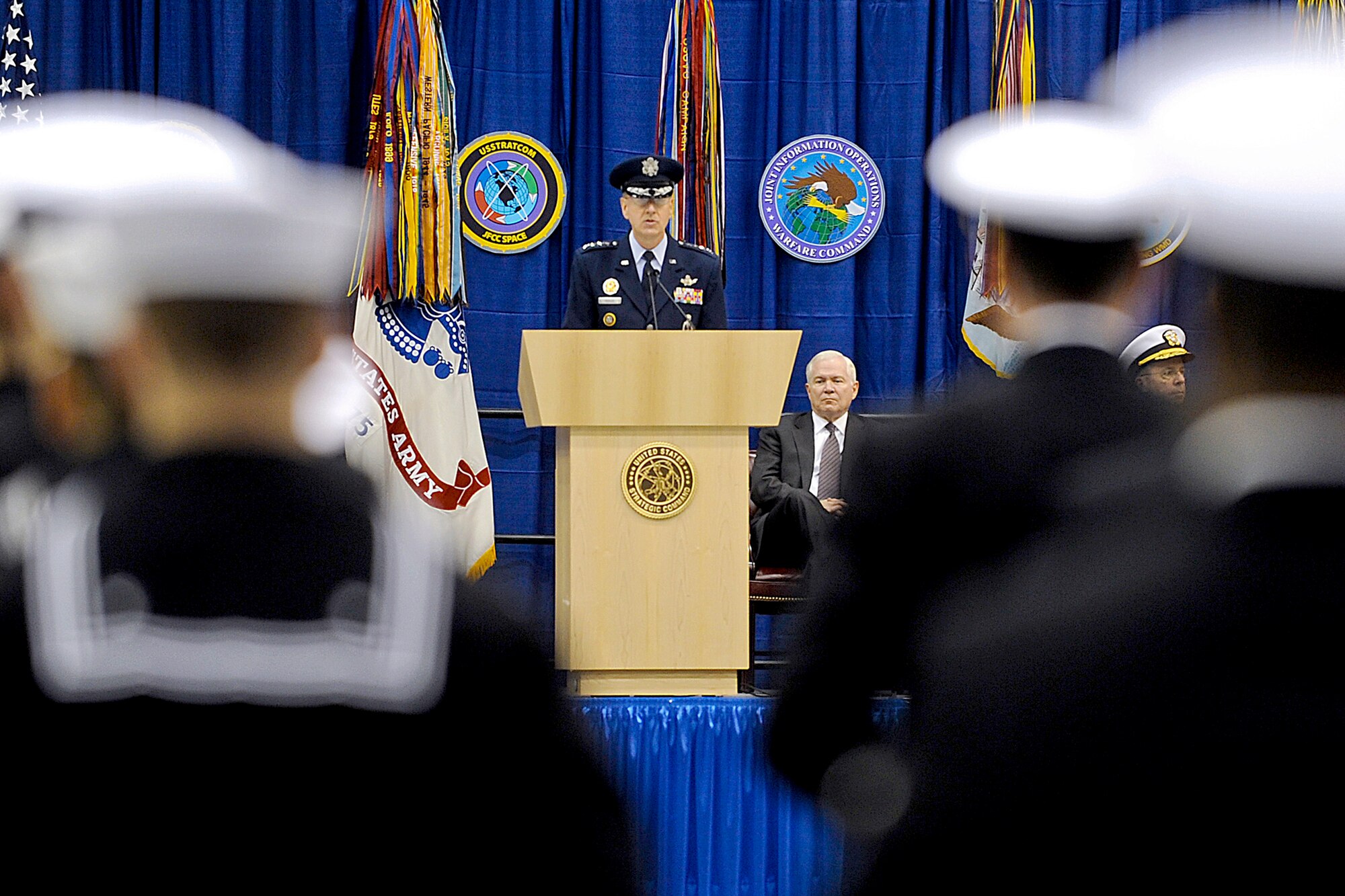 Gen. C. Robert Kehler, the new commander of U.S. Strategic Command, addresses the audience during the change-of-command ceremony Jan. 28, 2011, at Offutt Air Force Base, Neb., as outgoing commander Gen. Kevin P. Chilton retires. (Defense Department photo/Cherie Cullen)