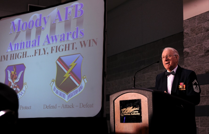 VALDOSTA, Ga.-- Retired Chief Master Sgt. of the Air Force Sam Parish gives a speech during the Annual Awards Banquet Jan. 29 at the James H. Rainwater Conference Center. As the guest speaker, Chief Parish spoke of the Enlisted corps as the backbone of the military.  (U.S. Air Force photo/Airman 1st Class Benjamin Wiseman)(RELEASED)