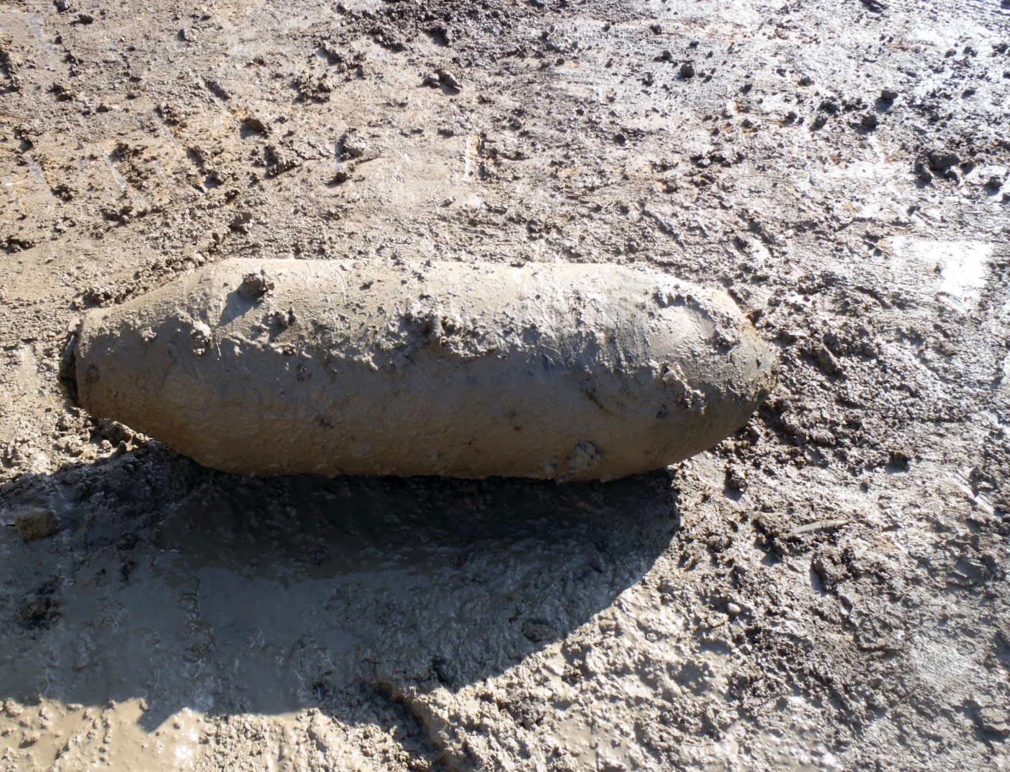Pictured is one of the munitions found at the Harrison Road construction site. Verbal confirmation from Yorktown EOD is that all four Word War II-era 500-pound General Purpose munitions found Jan. 19 and 24 were inert. Two were filled with sand to depict actual weight for
practice purposes.