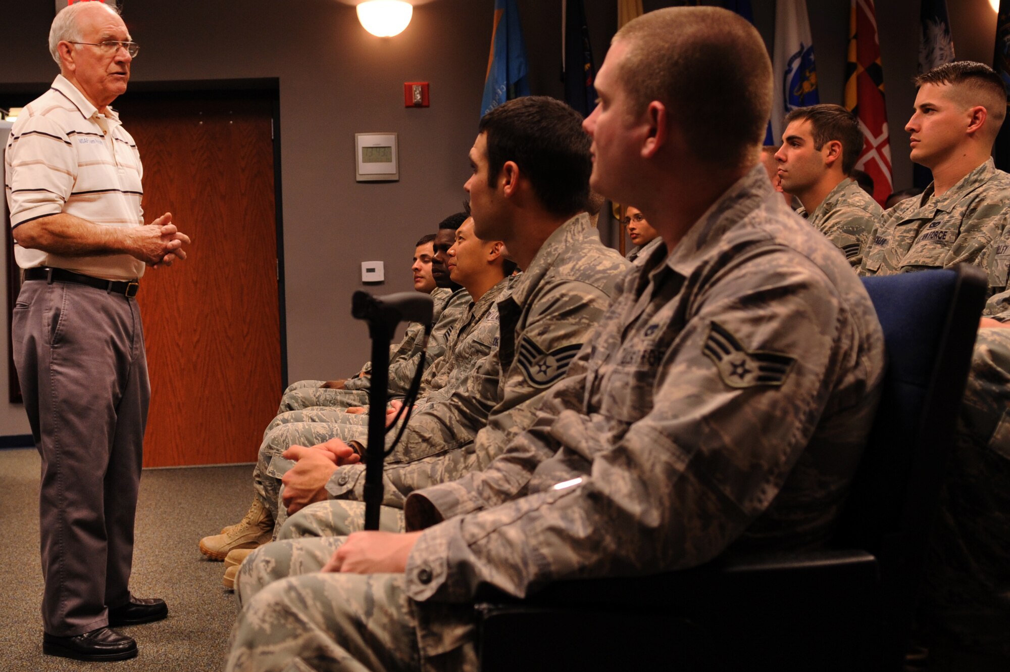 MOODY AIR FORCE BASE, Ga. -- Retired Chief Master Sgt. of the Air Force Sam Parish talks with Airmen at the Senior Airman Jason D. Cunningham Airman Leadership School Jan. 28. During his discussion, Chief Parish explained what it takes to be an effective supervisor. (U.S. Air Force photo/Airman 1st Class Douglas Ellis)(RELEASED)
