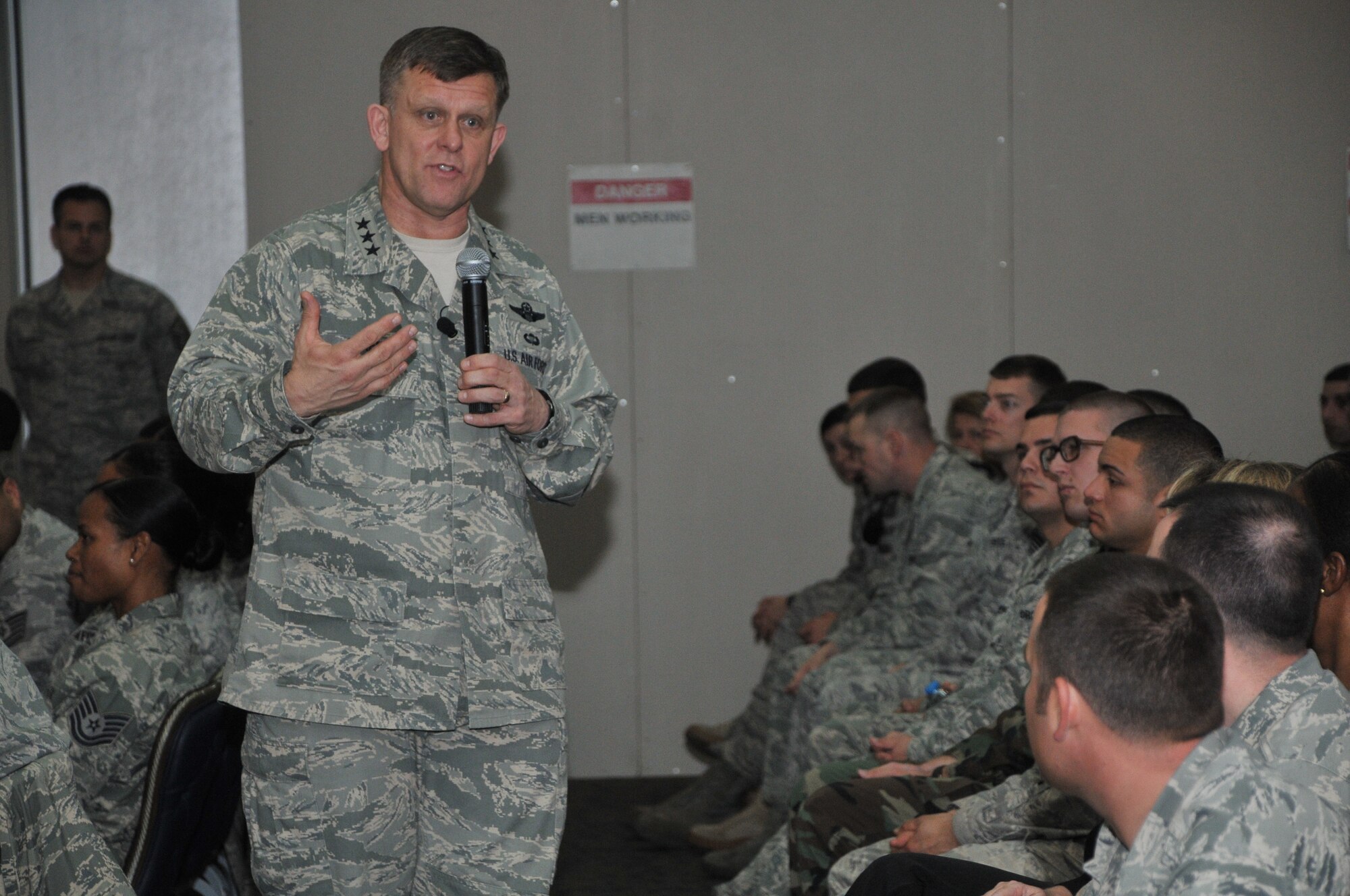 Lt. Gen. Frank Gorenc, the 3rd Air Force commander, holds an “All Call” Jan. 25, at Incirlik Air Base, Turkey. During the brief, he spoke about manning, mission priorities and his expectations for himself and from Airmen. (U.S. Air Force photo by Staff Sgt. Alexandre Montes/Released)