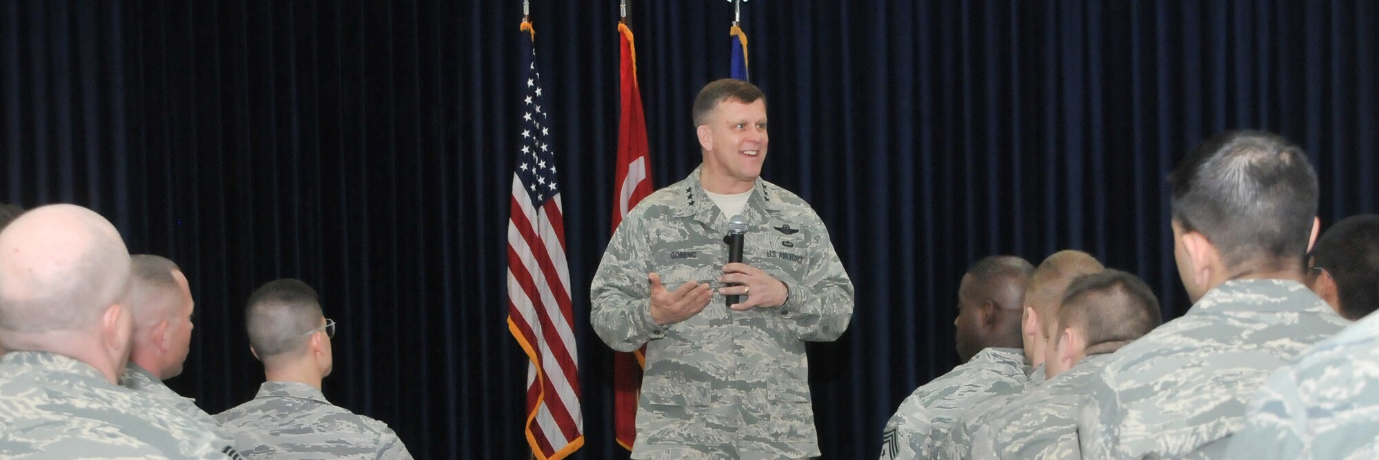 Lt. Gen. Frank Gorenc, the 3rd Air Force commander, holds an “All Call” Jan. 25, at Incirlik Air Base, Turkey. During the brief, he spoke about manning, mission priorities and his expectations for himself and from Airmen. (U.S. Air Force photo by Staff Sgt. Alexandre Montes/Released)