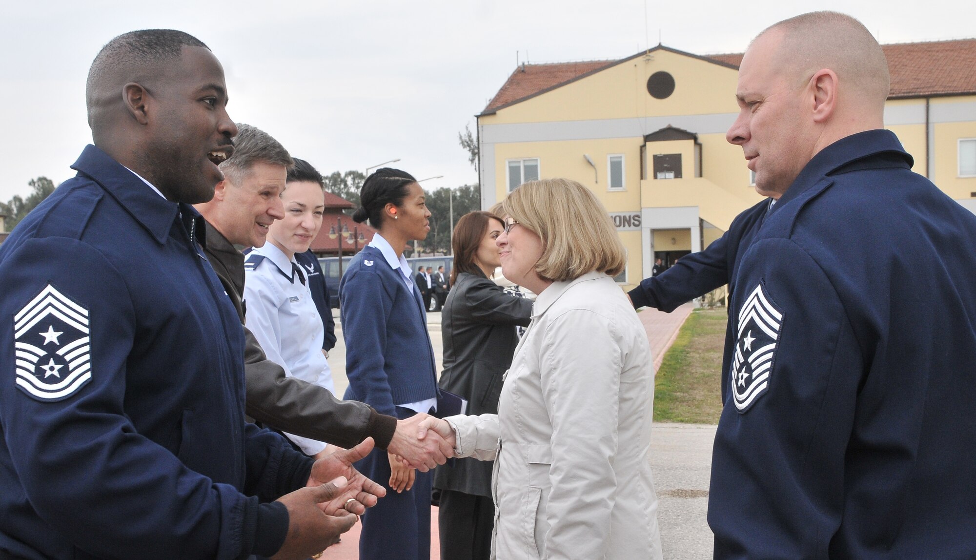 39th Air Base Wing Command Chief Master Sgt. Marcus Snoddy greets 3rd Air Force Command Chief Master Sgt. Dennis Vannorsdall Jan. 24, at Incirlik Air Base, Turkey. Chief Vannorsdall advises the commander on matters influencing the health, welfare, morale and effective utilization of more than 24,000 assigned enlisted personnel. Also pictured: Lt. Col. Bryan Wolford, Sharon Gorenc, 1st Lt. Crystal Quagliaroli, Tech. Sgt. Anntionette Johnson, and Mina Smith.(U.S. Air Force photo by Staff Sgt. Alexandre Montes/Released)