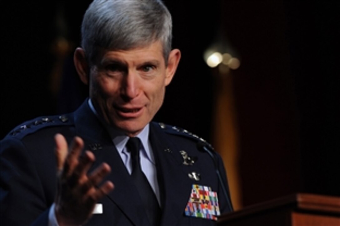 Air Force Chief of Staff Gen. Norton Schwartz speaks at the Reserve Officers Association National Security Symposium Jan. 30, 2011, in Washington, D.C. Schwartz discussed the importance of total force collaboration during today's intense budgetary pressures. 