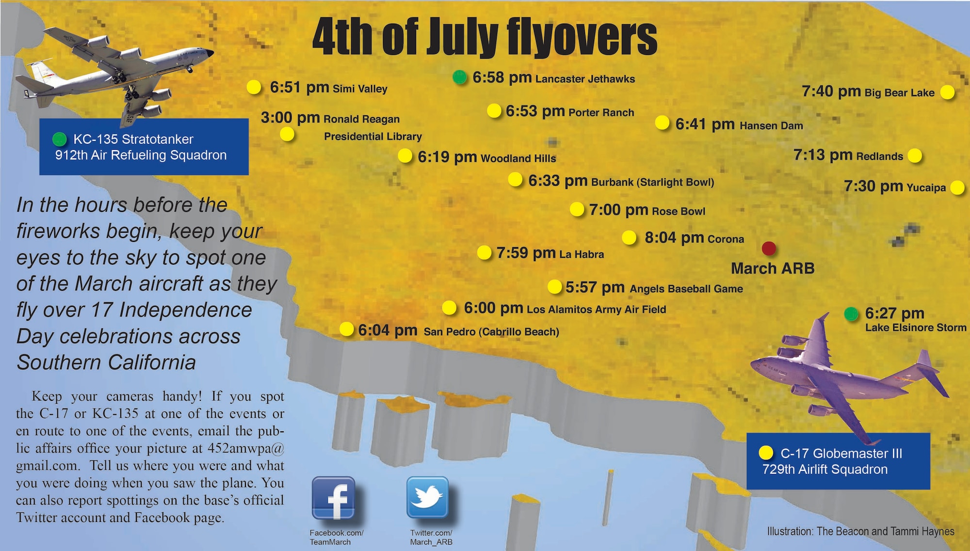 A C-17 Globemaster III from the 729th Airlift Squadron will make 15 consecutive Independence Day flyovers on July 4, 2011 throughout Southern California.  A 912th Air Refueling Squadron KC-135 Stratotanker will make two flyovers. Both aircraft are from March Air Reserve Base, Calif.  (U.S. Air Force graphic/Tammi Haynes)