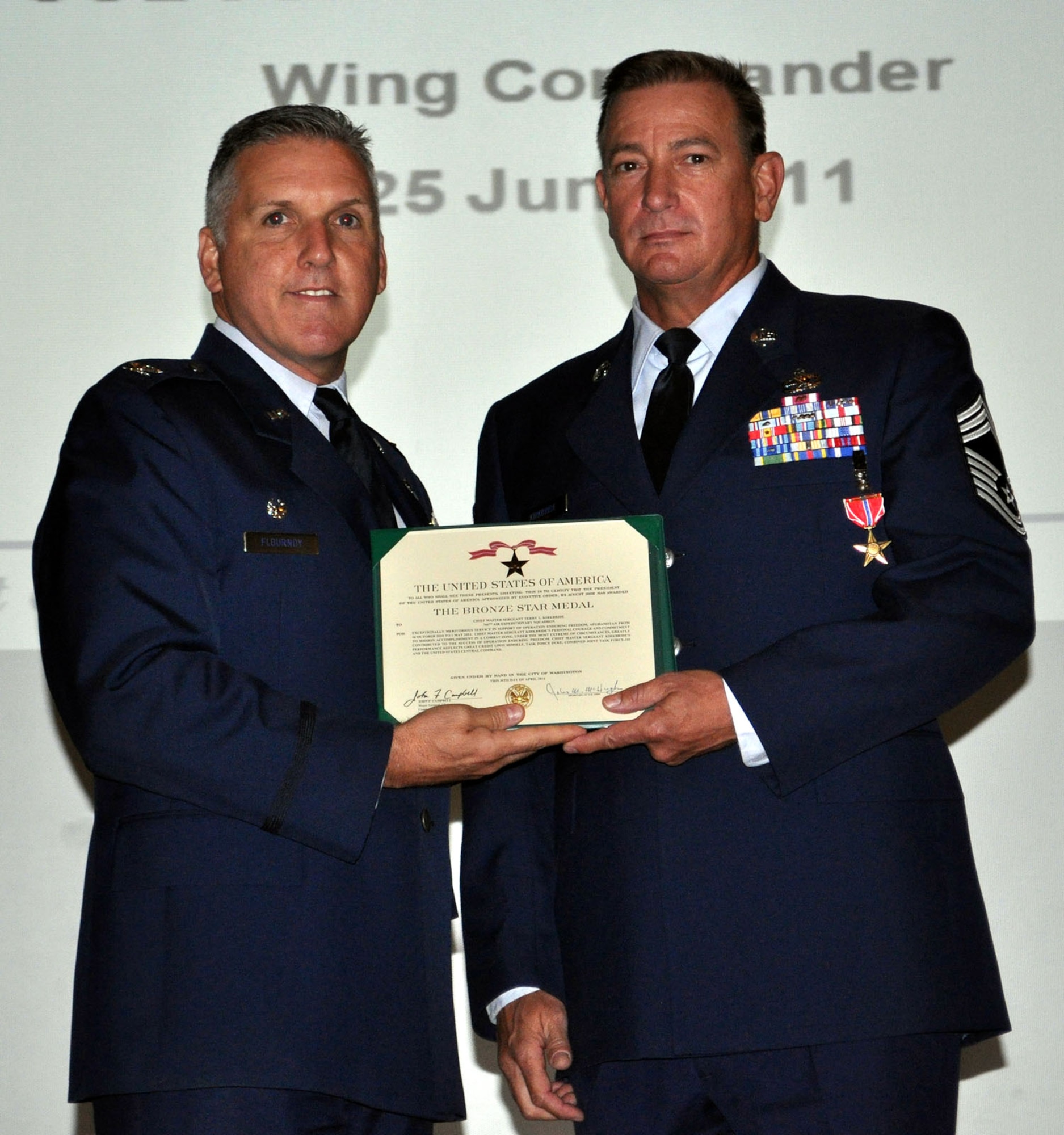 TRAVIS AIR FORCE BASE, Calif. -- Chief Master Sgt. Terry Kirkbride, 349th Maintenance Squadron, was presented a Bronze Star medal June 25, 2011. (U.S. Air Force photo/Master Sgt. Robert Wade) 
