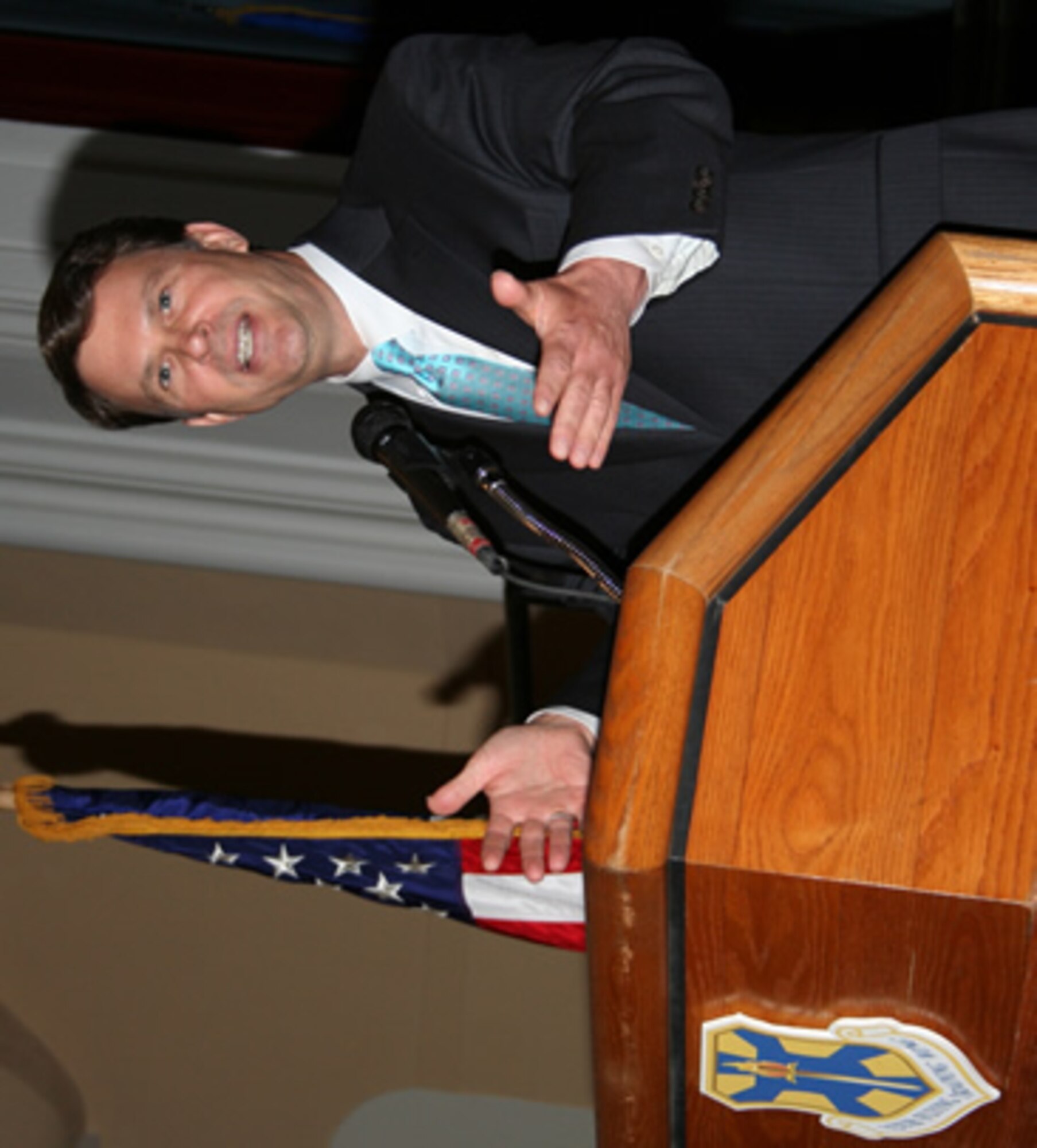 OPM director John Berry talked about civilian recruting and hiring, among other topics, during a recent town hall meeting at Randolph Air Force Base, Texas. (U.S. Air Force photo/Debbie Gildea)