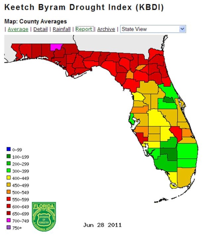 Keetch Byram Drought Index (KBDI) for Florida 28 June 2011