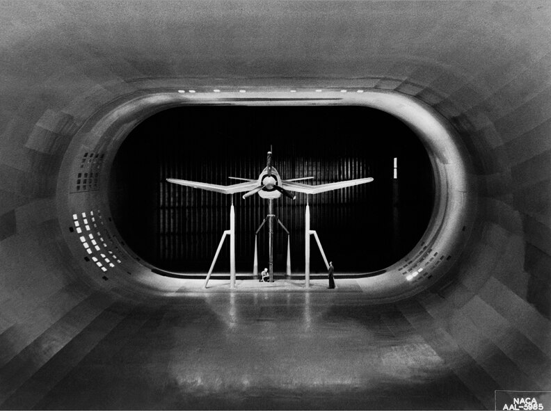 This Douglas XSBD-2 model was the first aircraft to be tested in the NACA Ames 40 x 80-foot wind tunnel, the largest wind tunnel in the world at the time. Drag reduction studies were performed on the airplane. (NASA file photo)