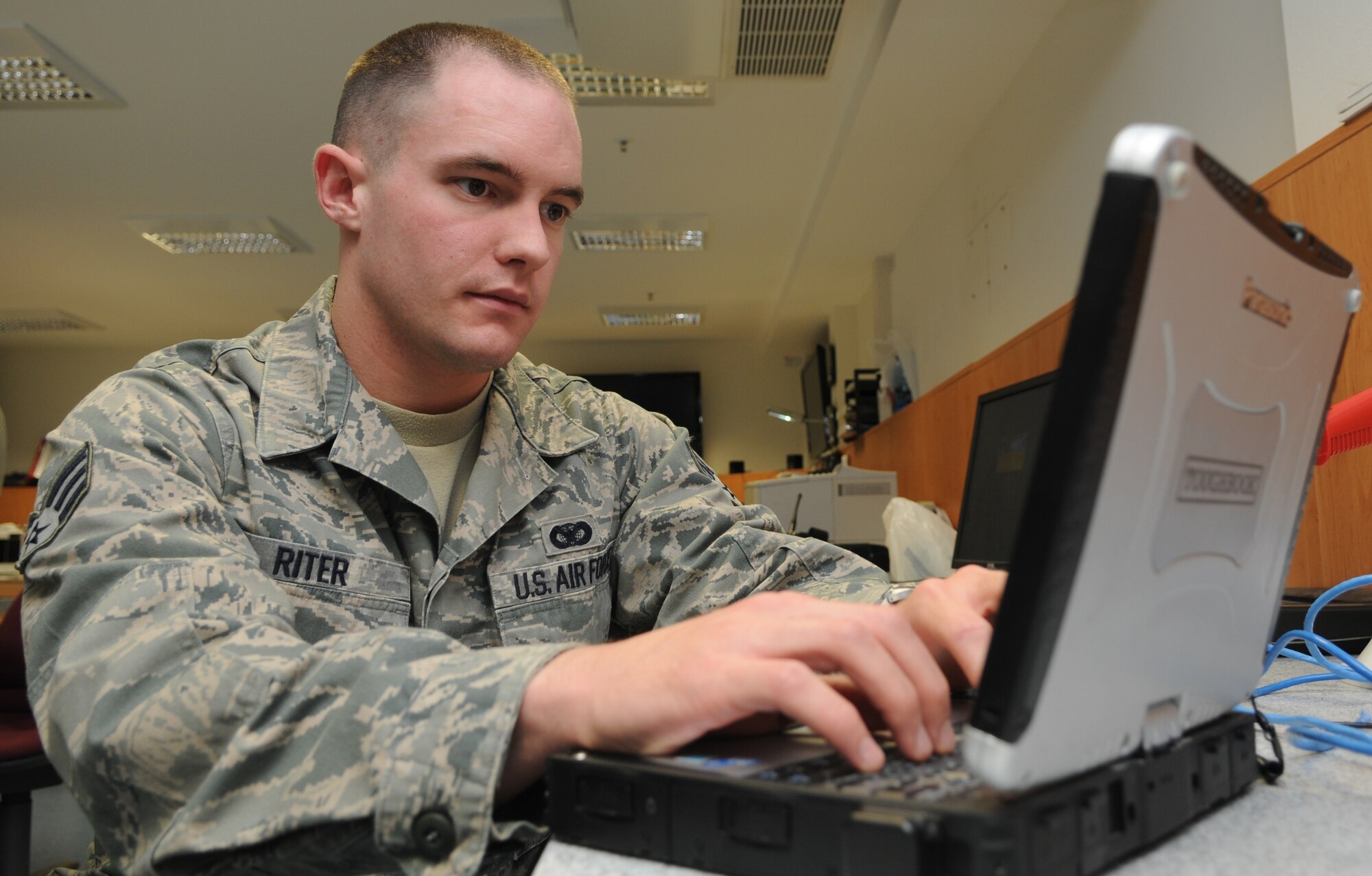 SPANGDAHLEM AIR BASE, Germany – Senior Airman Dayton Riter, 52nd Security Forces Squadron security controller, is the Super Saber Performer for the week of July 1-7. (U.S. Air Force photo/Senior Airman Nick Wilson)