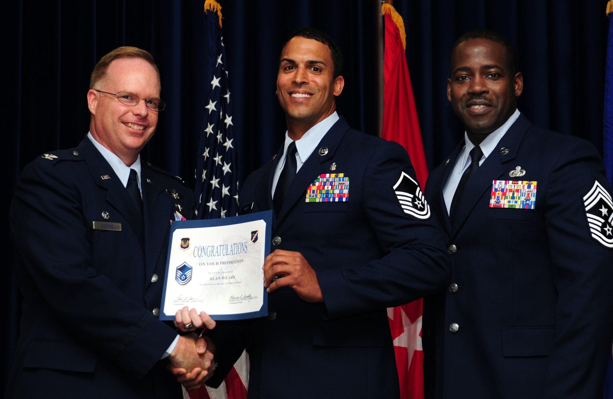 Alan Weary, 39th Medical Support Squadron, is promoted to the rank of master sergeant June 30, 2011, at the Club Complex Ballroom at Incirlik Air Base, Turkey. (U.S. Air Force photo by Senior Airman Anthony Sanchelli/Released)