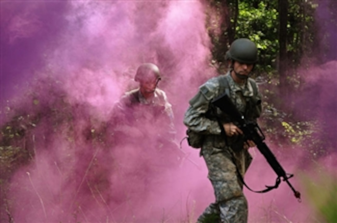 U.S. Army officer candidates conduct squad movements and battle drills at Fort Pickett, Va., during a regional field training exercise as part of their monthly drill on June 25, 2011.  The candidates of the state Officer Candidate School attend drill as traditional National Guardsmen on a path to becoming commissioned officers in the Army.  