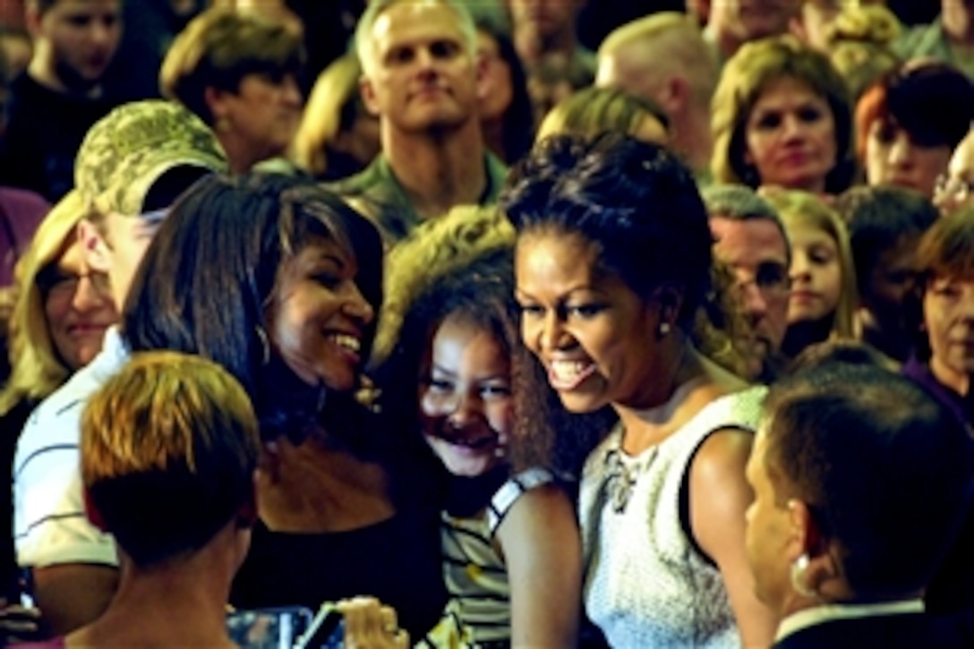First Lady Michelle Obama expresses her appreciation to military families for the sacrifices they have made at the Vermont Army National Guard's Aviation Support Facility in South Burlington, Vt., June 30, 2011.