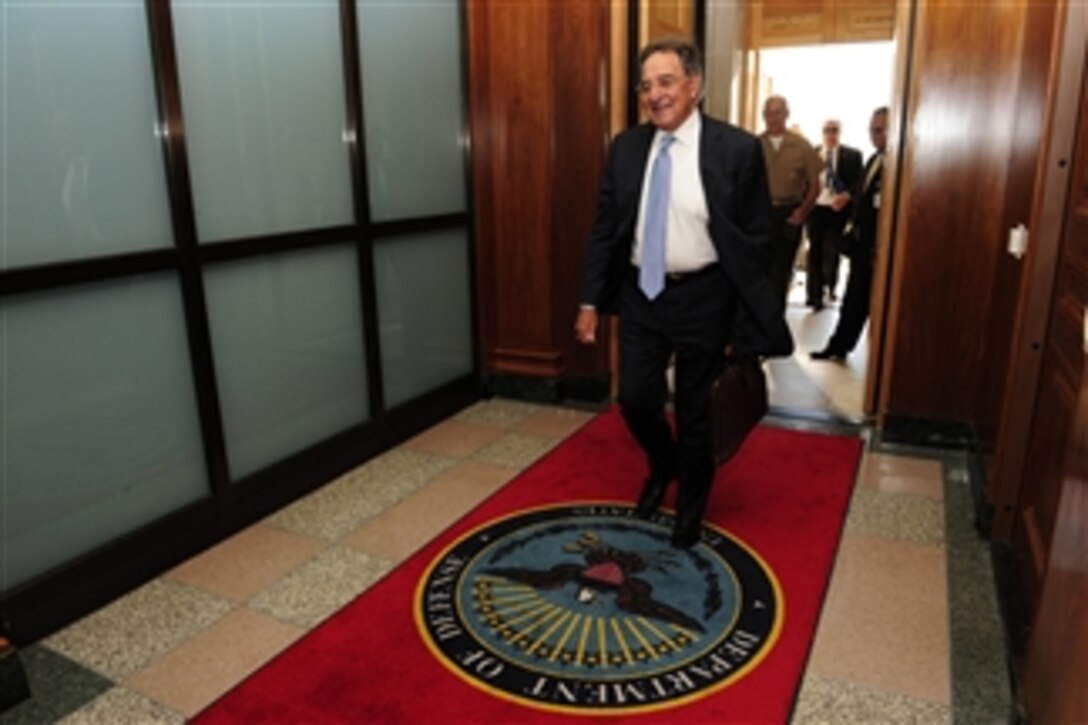 Leon E. Panetta arrives at the Pentagon before taking the oath of office as the 23rd Secretary of Defense during a Pentagon ceremony on July 1, 2011.  