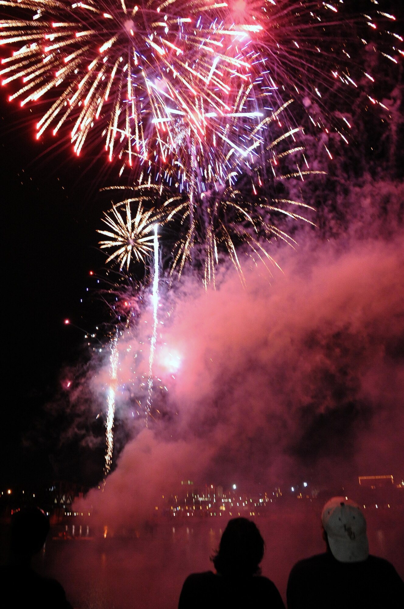 Spectators gaze at the pyrotechnics as they light up the sky during the Independence Day Festival held at the RiverView Park in Bossier City, La., July 4. Gusty winds and heavy rain didn't stop the show but delayed it for an hour. (U.S. Air Force photo/Senior Airman La'Shanette V. Garrett)(Released)