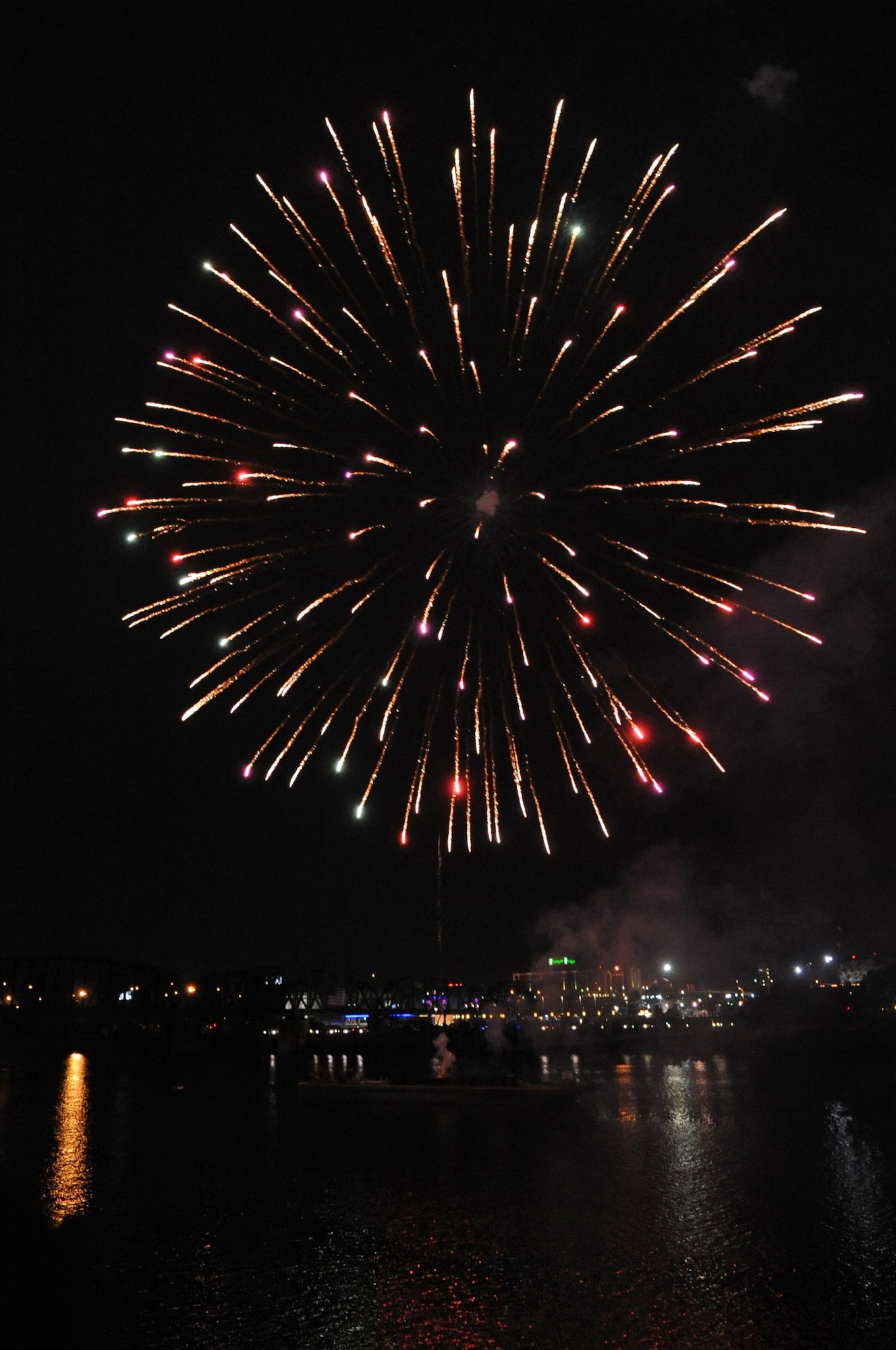 Fireworks light up the sky during the Independence Day Festival held at the RiverView Park in Bossier City, La., July 4. Gusty winds and heavy rain didn't stop the show but delayed it for an hour. (U.S. Air Force photo/Senior Airman La'Shanette V. Garrett)(Released)