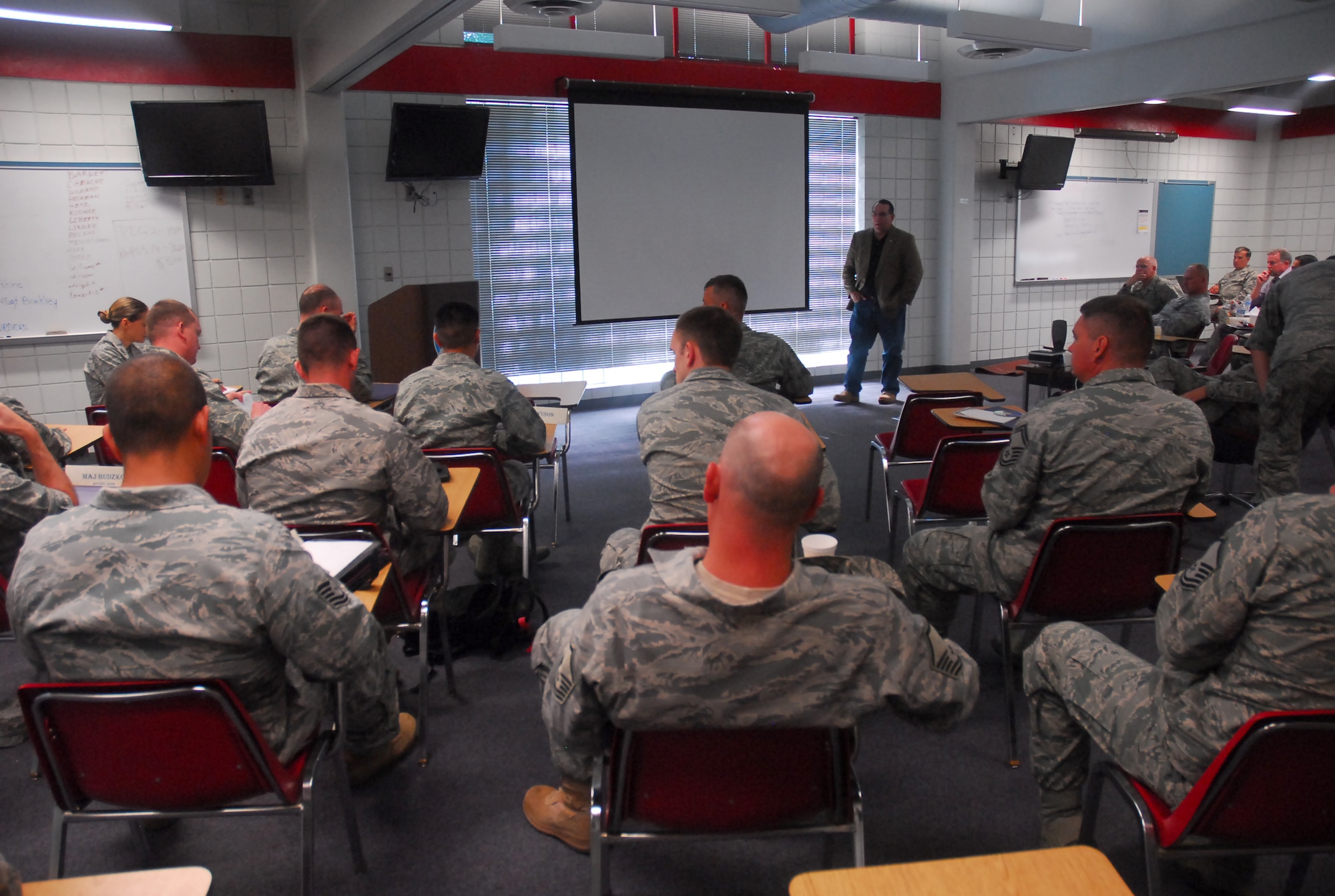 Dr. Fred P. Lewis, director of weather for the Air Force, speaks to senior Air Force weather leaders June 21, 2011, during a meeting at Camp Blanding Joint Training Center in Starke, Fla., to discuss present operations and the future of the weather career field. Camp Blanding is home to the National Guard's Weather Readiness Training Center and the Florida Air National Guard’s 159th Weather Flight. (U.S. Army photo/ Sgt. 1st Class Blair Heusdens)