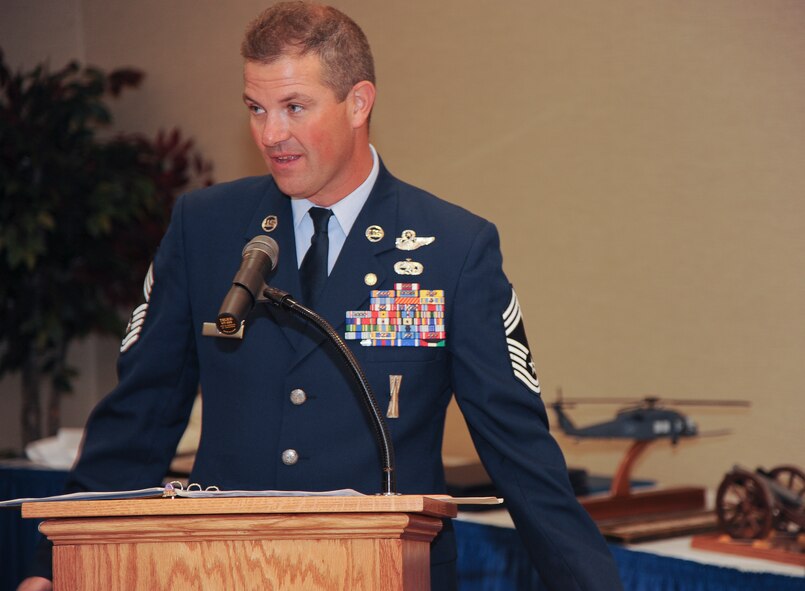 U.S. Air Force Chief Master Sgt. Michael Stone, 347th Rescue Group chief enlisted manager, gives closing remarks during his retirement ceremony at Moody Air Force Base, Ga., June 30, 2011. Chief Stone’s career spanned 30 years, during which he served as a weapons load crewmember, aerial gunner, instructor and unit superintendent. (U.S. Air Force photo by Airman 1st Class Paul Francis/Released)
