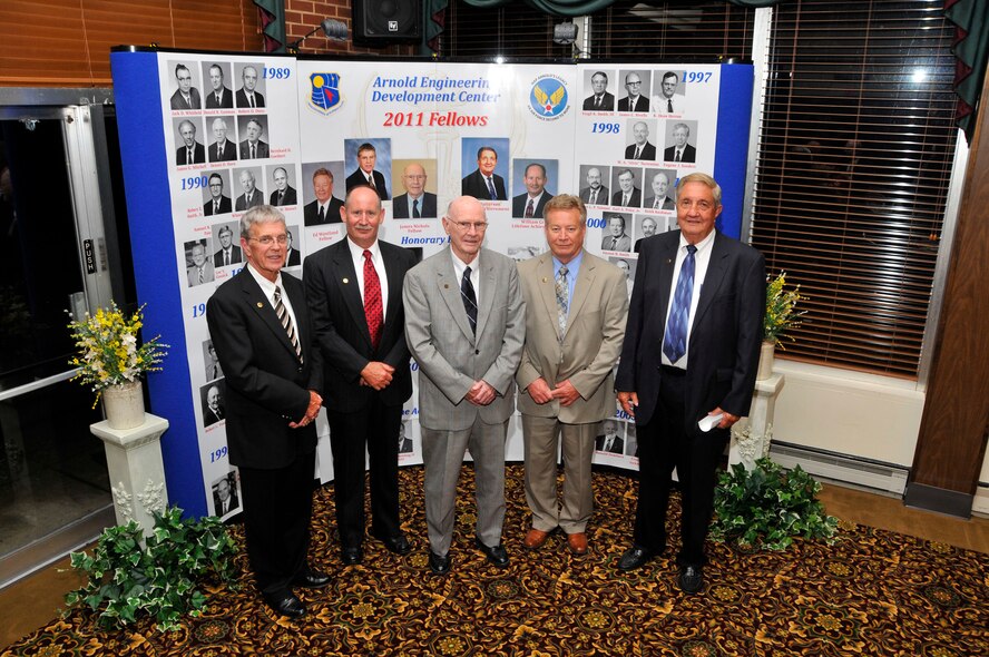 Three new AEDC Fellows and two new Lifetime Achievement Fellows were inducted at the annual AEDC Fellows Banquet June 24. Recognized as Fellows were Dr. Ronald L. Clouse, James H. Nichols and Edgar Wantland and the Lifetime Achievement Fellows were William G. Gray and Jim Patterson. Pictured, from left to right, are Clouse, Gray, Nichols, Wantland and Patterson. (Photo by Rick Goodfriend)