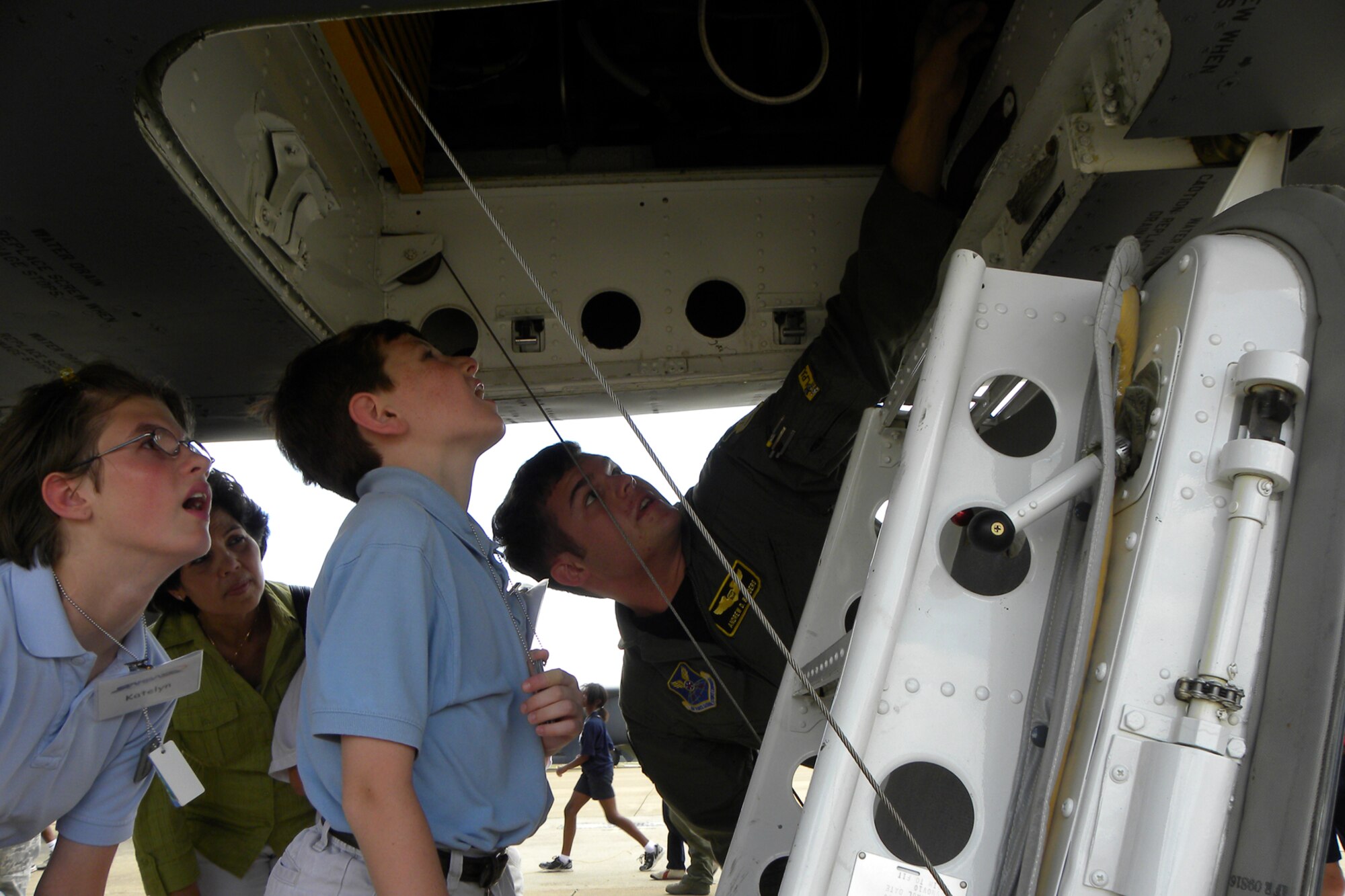 Students from Shreve Island Elementary, Shreveport, La., receive a briefing about the workings of a B-52 Stratofortress from 2nd Lt. Andrew Borders, a student at the 93rd Bomb Squadron’s Formal Training Unit, at Barksdale Air Force Base, La., June 20, 2011. The students are attending a summer class at STARBASE Louisiana, on Barksdale, one of 60 national STARBASE sites. It is sponsored by the 307th BW of the Air Force Reserve Command. The STARBASE program presents an exciting 25-hour hands on/minds on aviation and aerospace curriculum to area 5th grade students and their teachers. The DoD program is committed to addressing the critical needs in STEM education - Science, Technology, Engineering and Mathematics - STARBASE Louisiana introduces its students to exciting STEM education topics, inspiring these young minds to further explore these topics in future course work. (U.S. Air Force photo/Betty Stephens)  